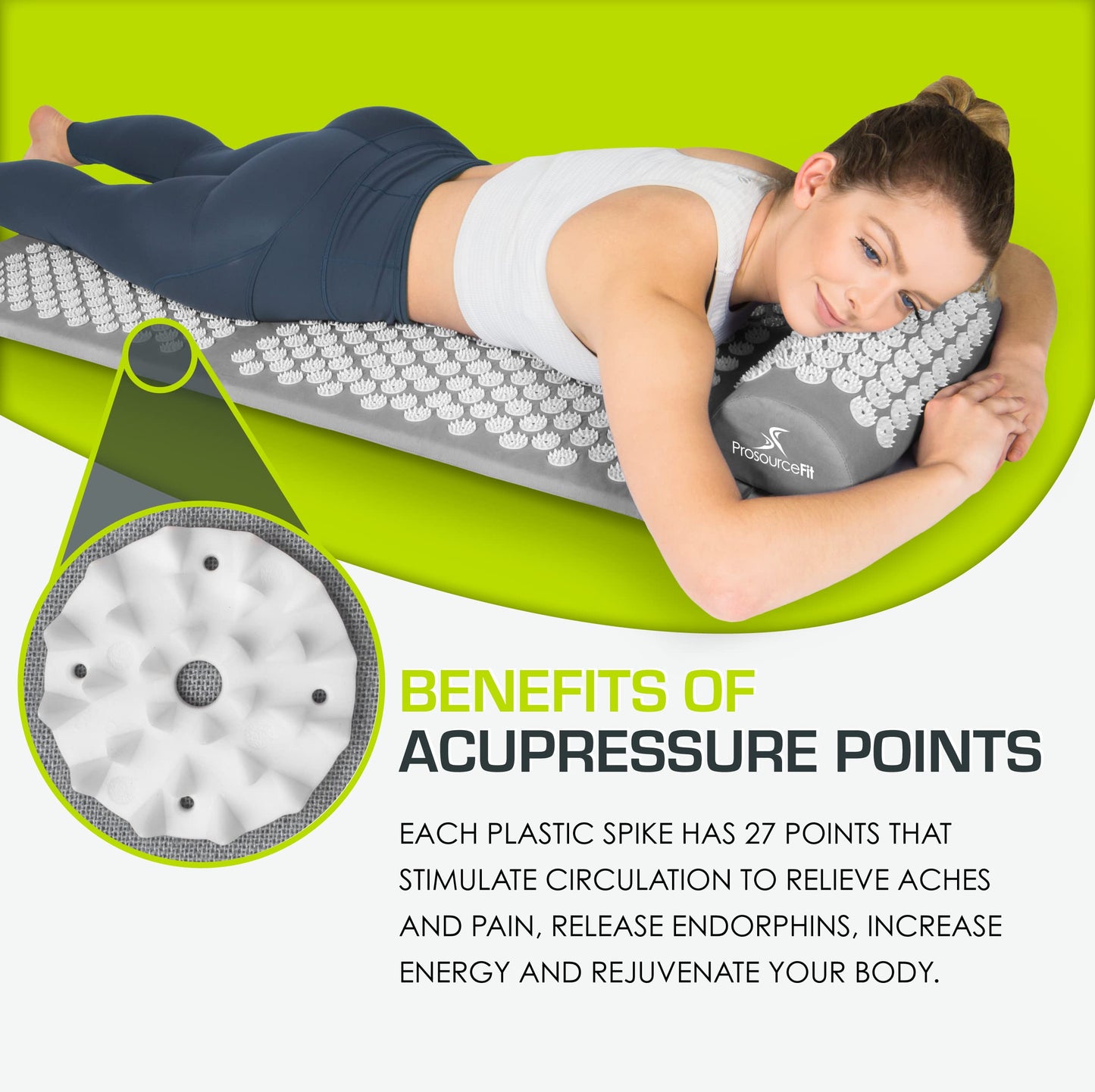 ProsourceFit Acupressure Mat and Pillow Set for Back/Neck Pain Relief and Muscle Relaxation, XL - Grey/White
