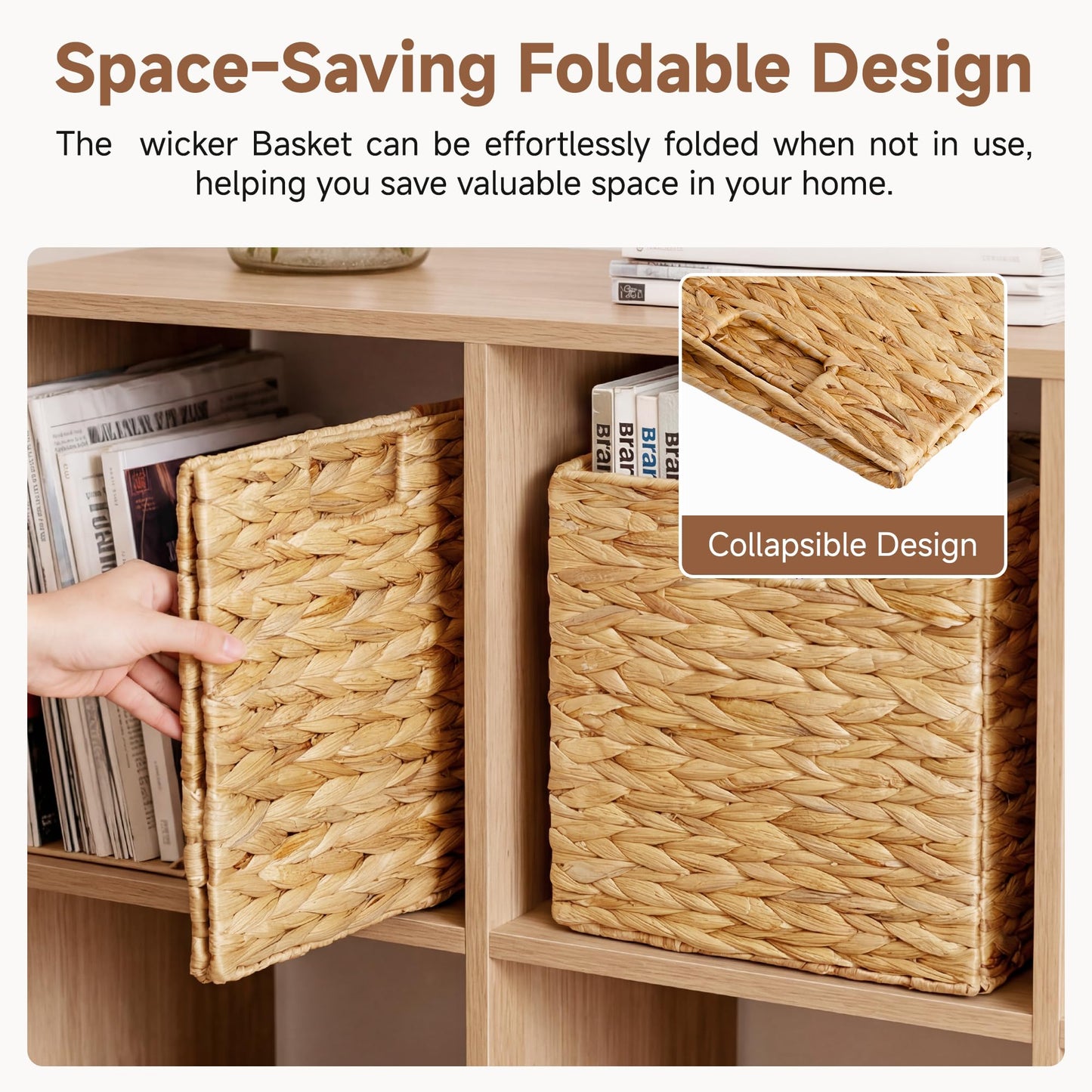 StorageWorks 10.5 inch Wicker Storage Baskets, Handwoven Wicker Basket for Organizinng, Foldable Water Hyacinth Square Storage Cubes, Natural, 4Pack