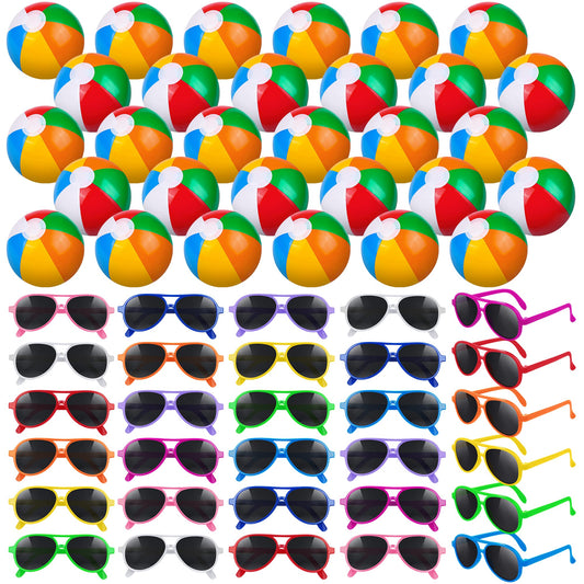 Aodaer 30 Pieces Kids Neon Sunglasses Bulk and 30 Pieces Inflatable Beach Balls 8-12 Inches for Beach Pool Party Favors Rainbow Inflatable Swimming Pool Balls for Water Games Toys Summer Supplies