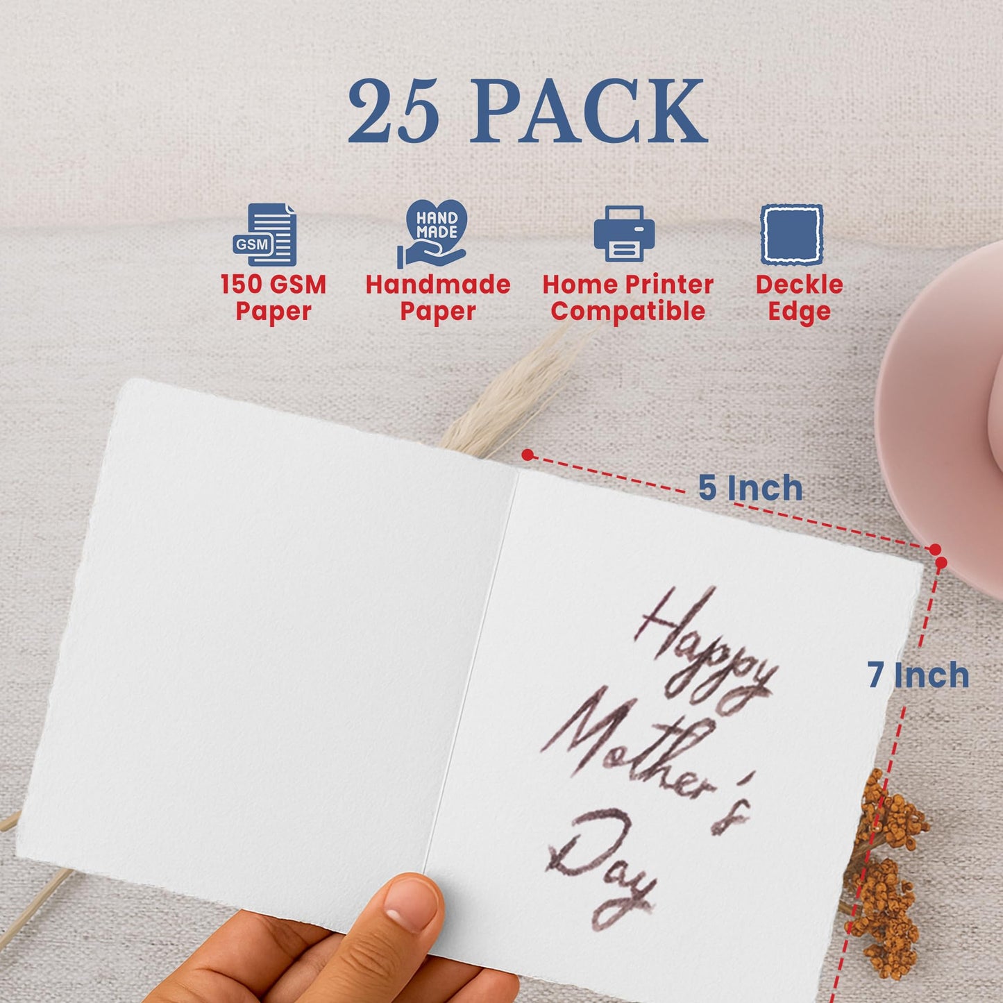 Wanderings Handmade Deckle Edge Tent Cards – Folded to 5" x 7" (12.5 x 18cm) – 150 GSM - 25-Pack – Textured Cotton Paper – Placecards, Blank Name Cards, Table Settings, Gift Tags, Love Notes