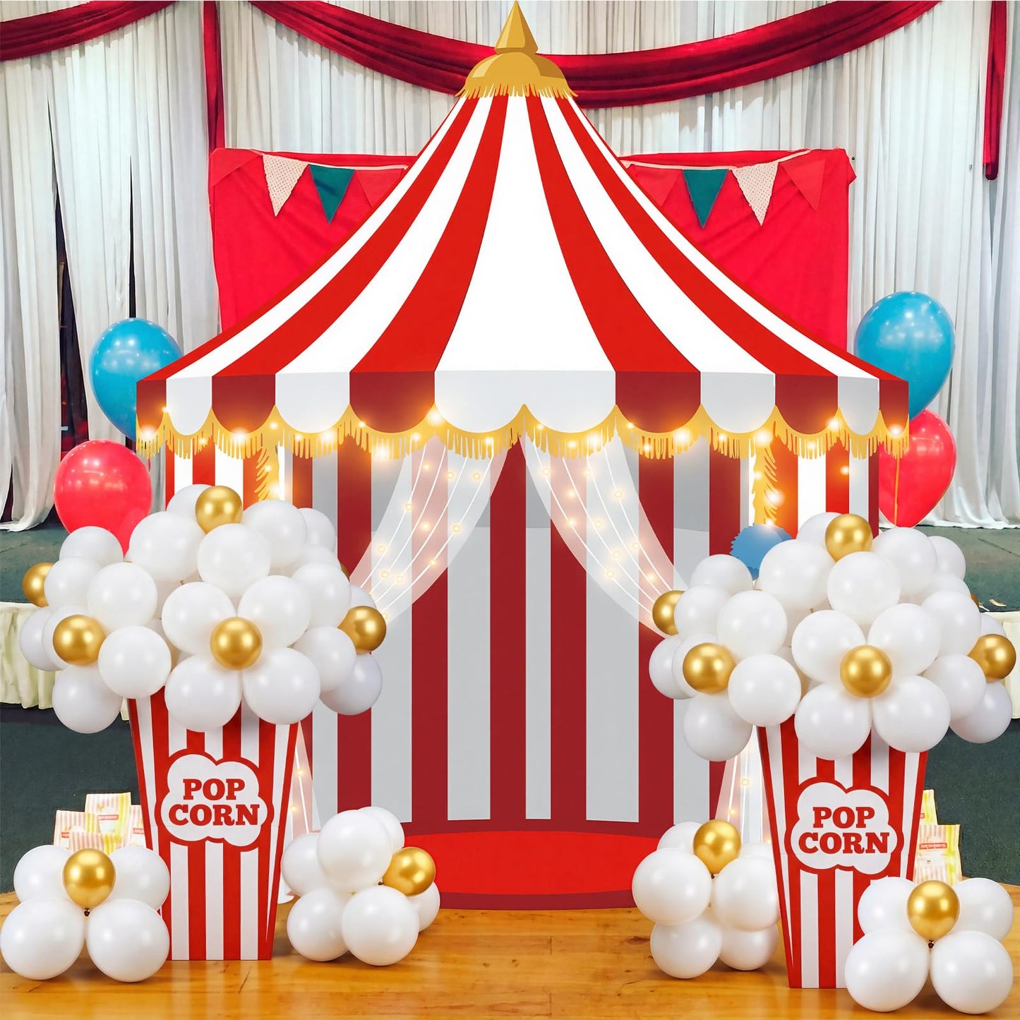 Novabright 103 Pcs Carnival Circus Party Decorations Set Includes Red White Circus Tent Backdrop Popcorn Boxes 100 DIY Popcorn Balloon Kit Carnival Theme Photo Background Birthday Party Decor