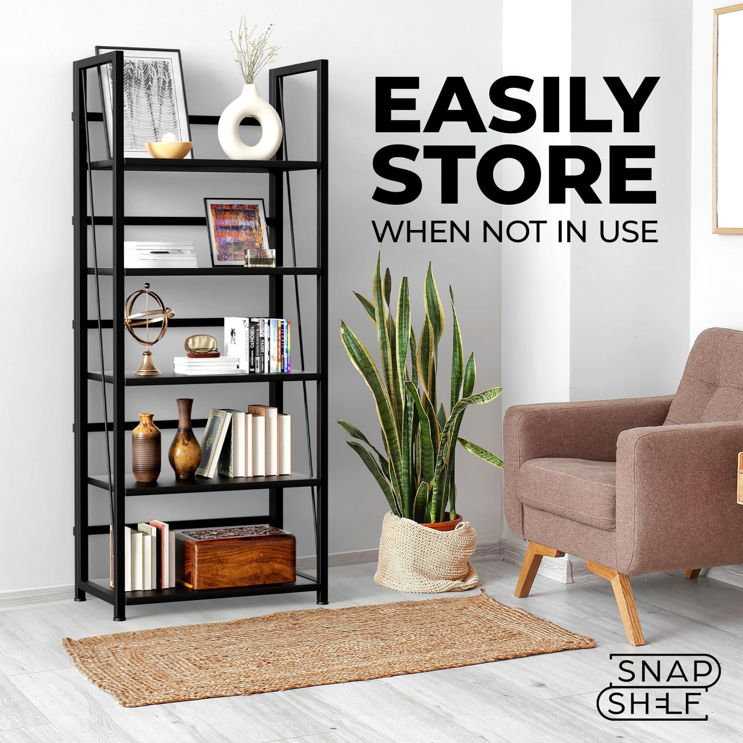 5 Tier Wood Book Shelf Organizer, No Assembly Bookshelf for Bedroom Living Room Office, Rustic Foldable Book Case, Tall Bookshelves, Open Book Shelves, Decorative Folding Shelf Display, Tall Bookcase