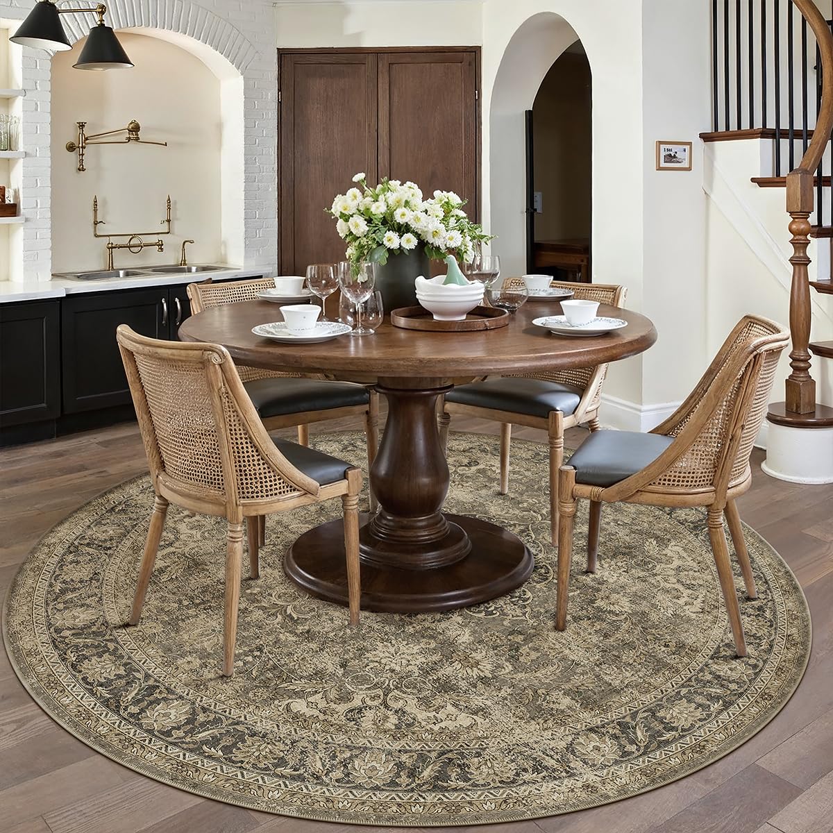WondRg 6x6 Washable Brown Round Rug Vintage Living Room Bedroom Circle Rug Non-Slip Soft Low Pile Distressed Indoor Carpet for Kitchen Dining Room Office