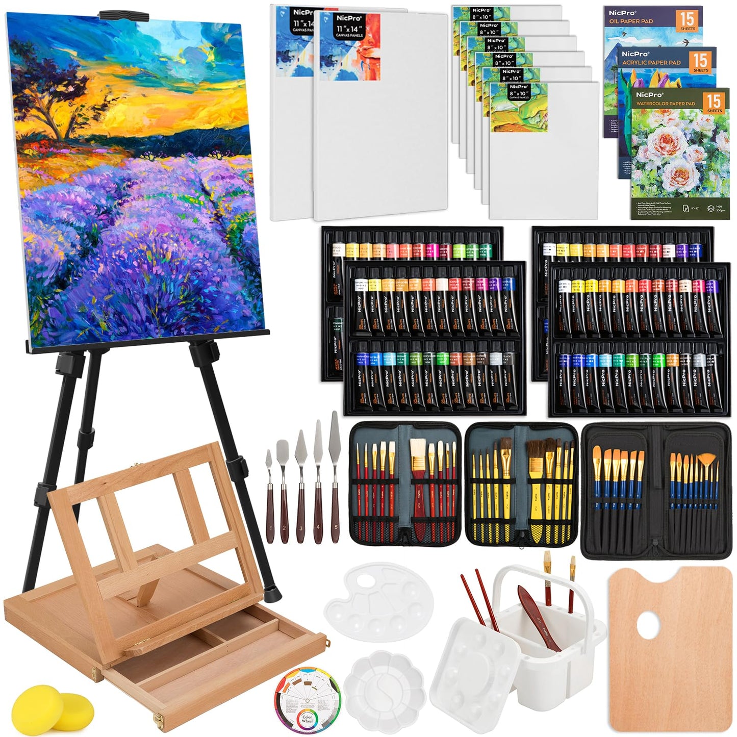 Nicpro 158PCS Deluxe Art Painting Kit with Metal and Solid Beech Wood Art Easel, Acrylic, Oil & Water Colour Paint Set, Paint Brushes, Canvas, Palette, Paper Pad, Professional Art Painting Supplies for Adults Artist