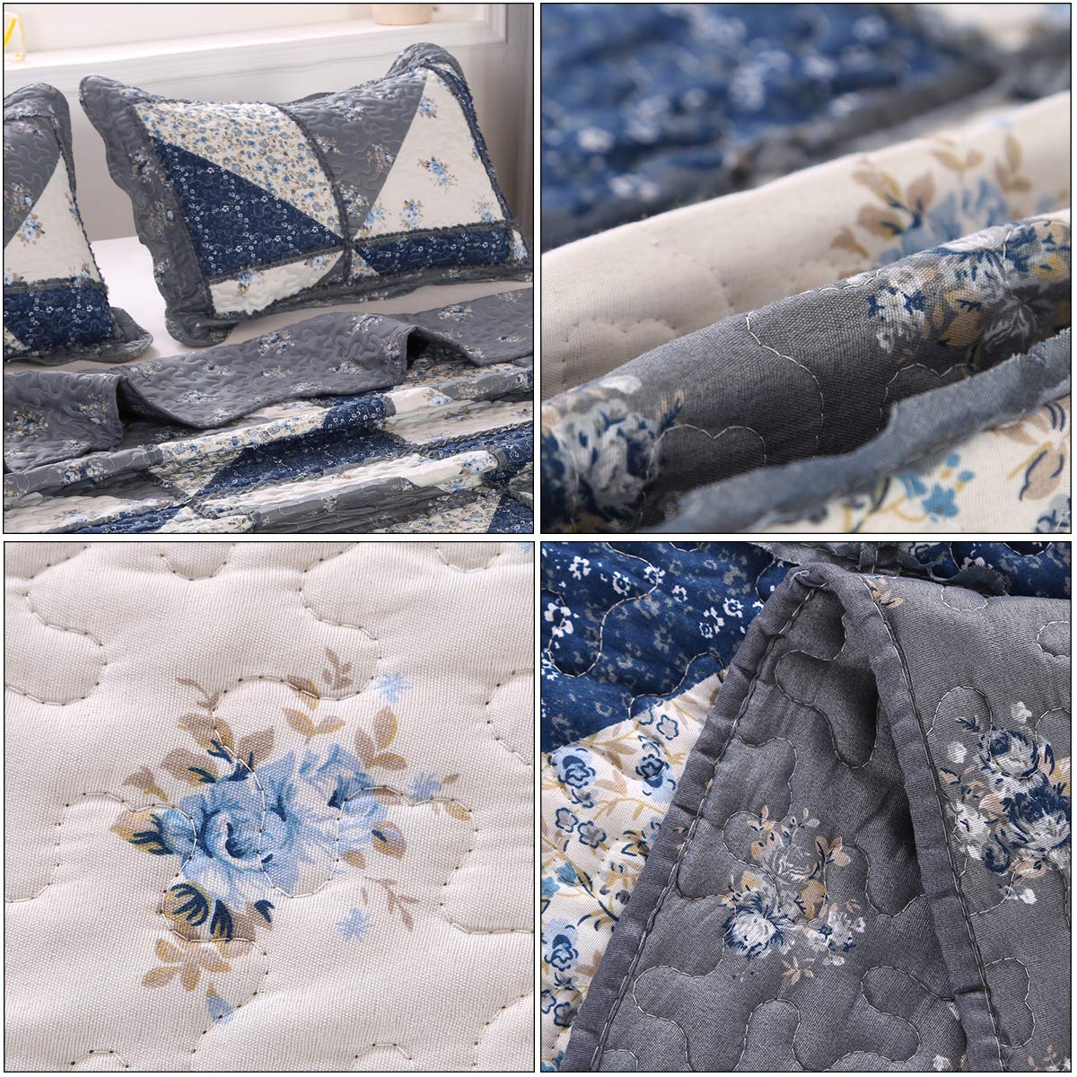 Oversized King Size Grey Floral Plaid Patchwork Quilt Set 128x120 Extra Wide Super King Size Rversible Quilted Bedspread Coverlet Set 3-Piece Comforter Bedding Set Bed Cover with 2 Pillow Shams