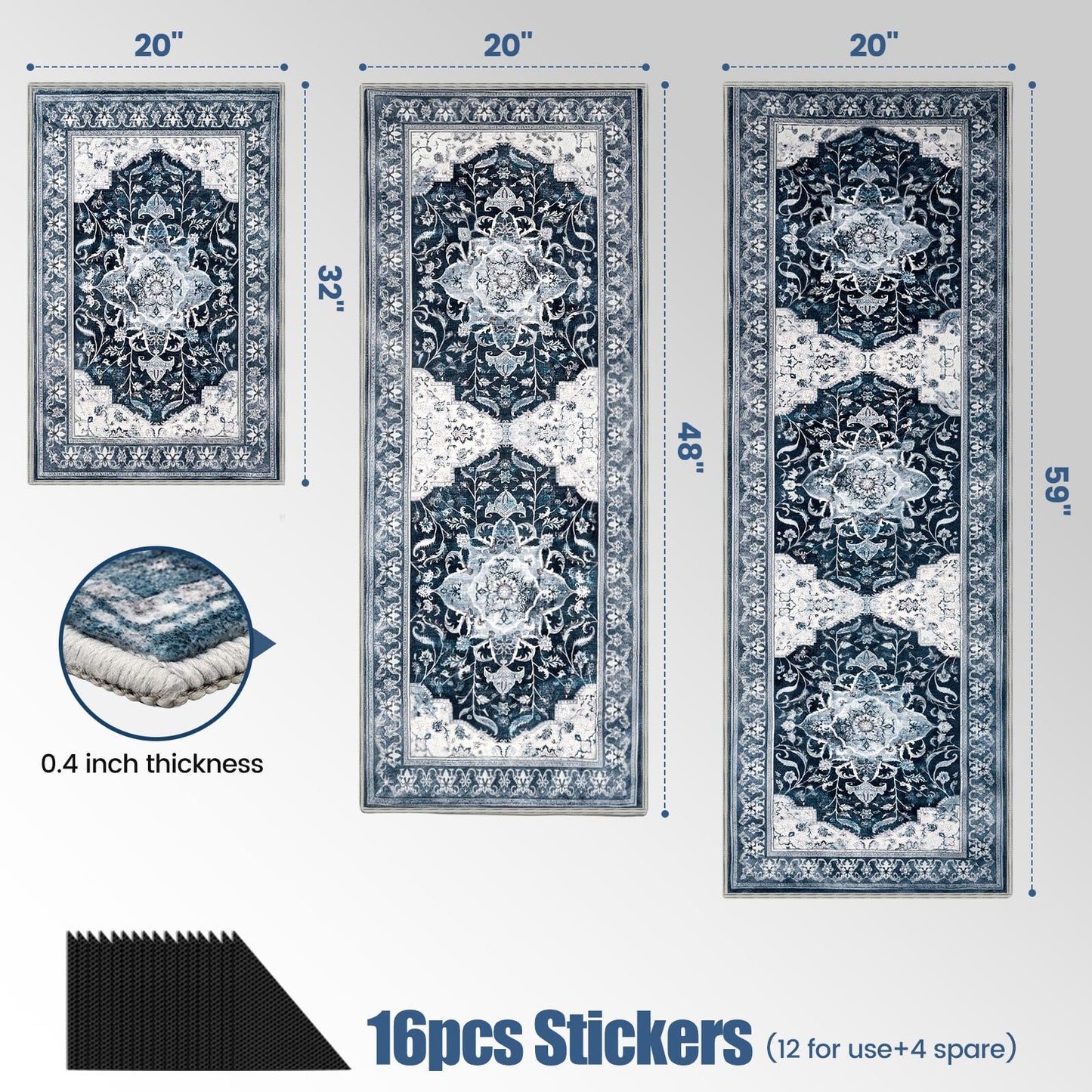 Kitchen Rug Set 3Pcs, Boho Rug Sets Non Slip Washable for Floor Thick Farmhouse Kitchen Decor Runner Rugs for Kitchen, Entryway, Laundry, Hallways 20''x32''+20''x48''+20''x59''
