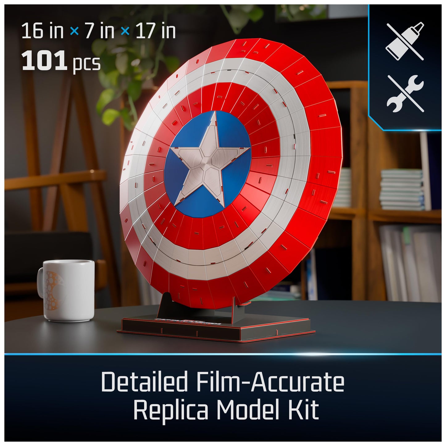 4D Build, Marvel Captain America Shield 3D Model Kit with Stand, Marvel Collectibles & Desk Décor, Adult Puzzle, Building Toys, 3D Puzzles for Adults & Teens, 101 Pieces, for Ages 12 & Up