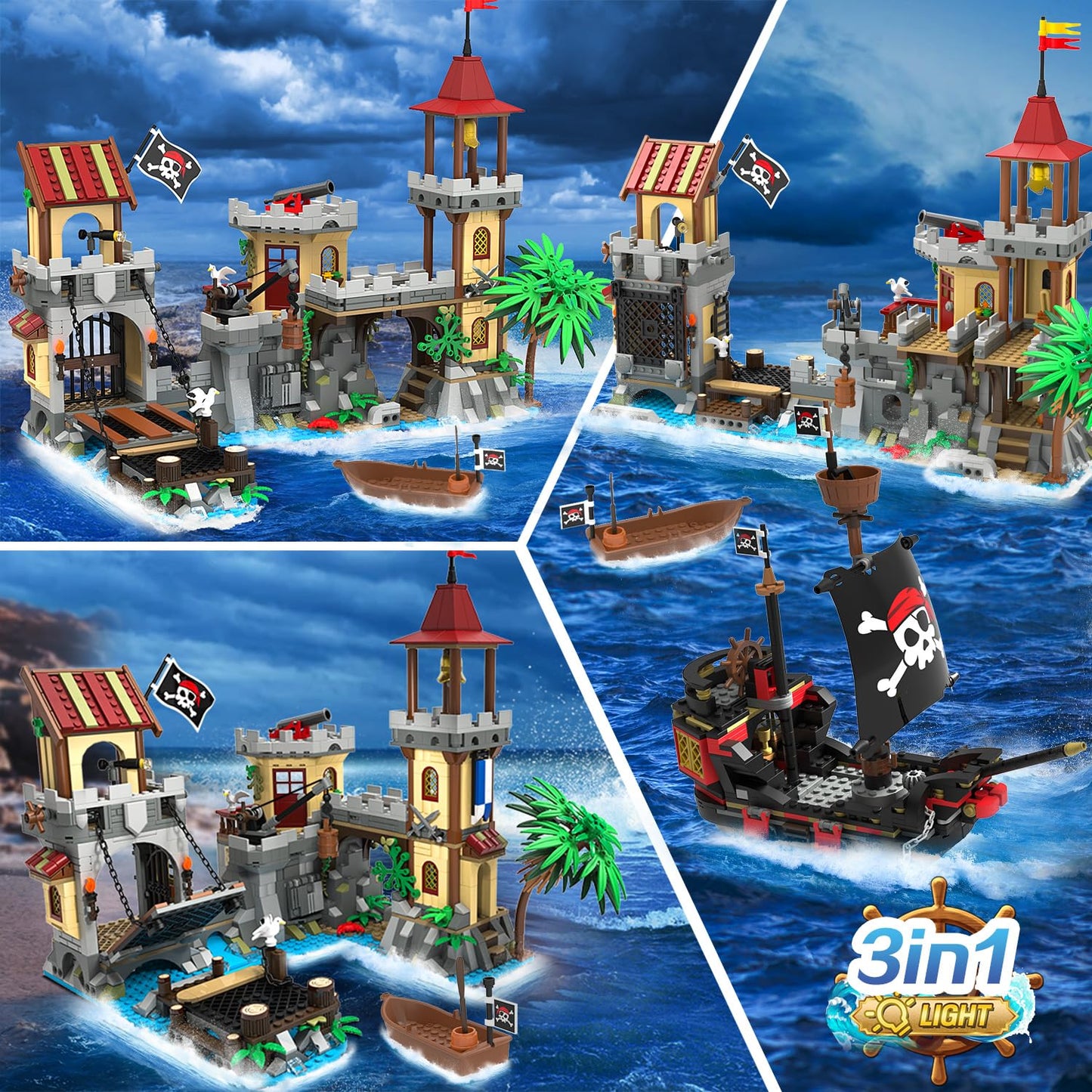 INSOON Pirate Castle Building Set with Light, 3 Modes Big Pirates Ship Bay Building Block 1502 PCS, Medieval Pirate Wharf House Construction Model Toy Home Decor for Adults Teens Boys Girls 10+
