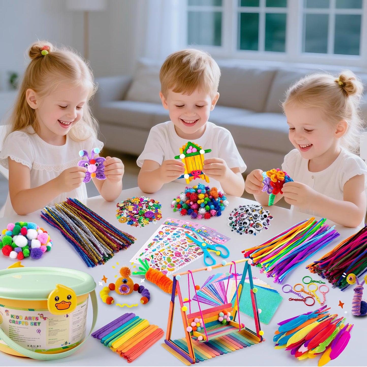 Sundaymot Kids Arts and Crafts Set with Pipe Cleaners, Pom Poms, Googly Eyes, Feathers, Craft Sticks, Glitter Paper, and Stickers
