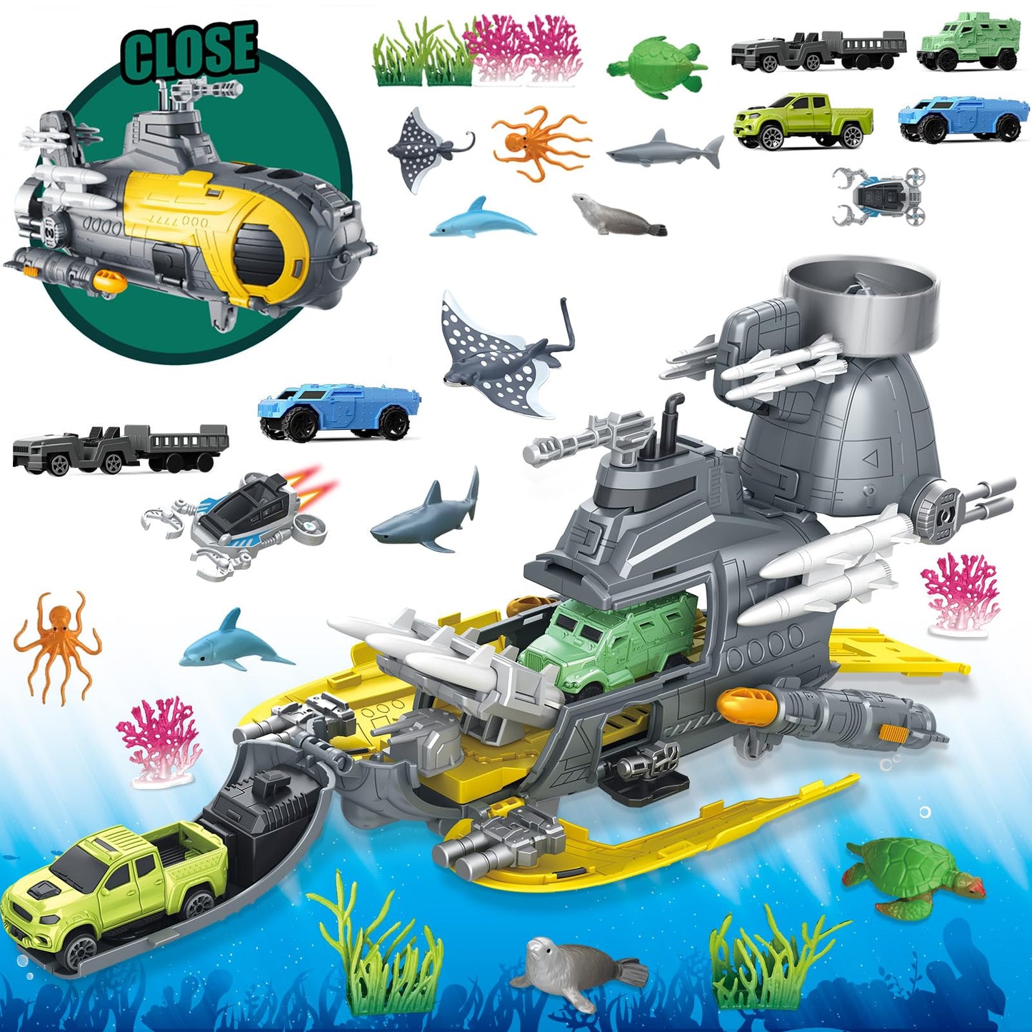 Frontoytall Deep Sea Creatures & Submarine Toy, Ocean Animal Toys with Truck Cars, 23 Piece Educational Playset for Kids Ages 3+ Years Old, Indoor & Outdoor Play, Preschool Learning for Boys Girls