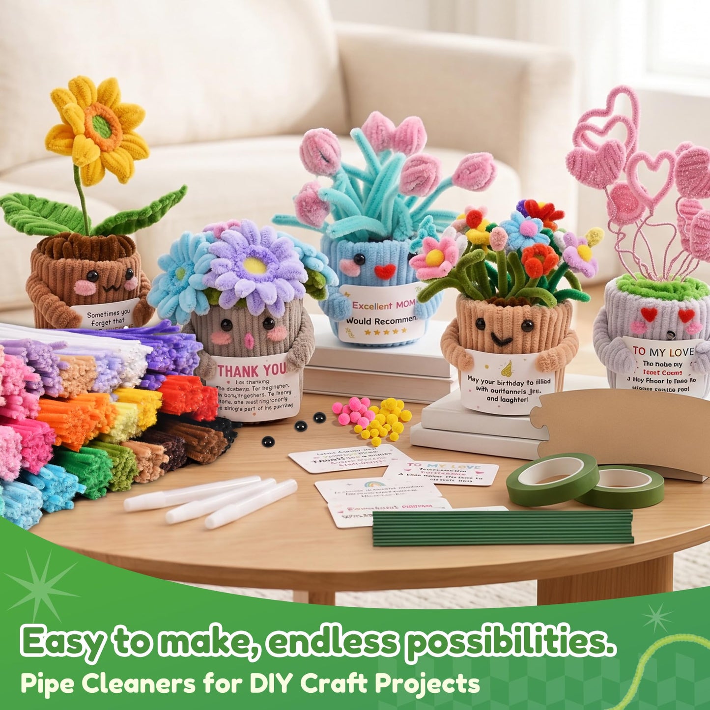 POMBUDS 1300 pcs Pipe Cleaners Crafts kit, 13 Colors, Potted Plants