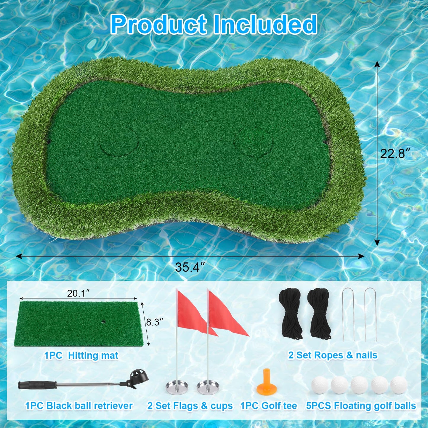 Chriiena Floating Golf Green for Pool/Lake, Floating Chipping Mat with Ball Retriever & Anti-Drift Ropes - Stable Golf Putting Practice Game Set for Golfers (35.4x23.6 in)