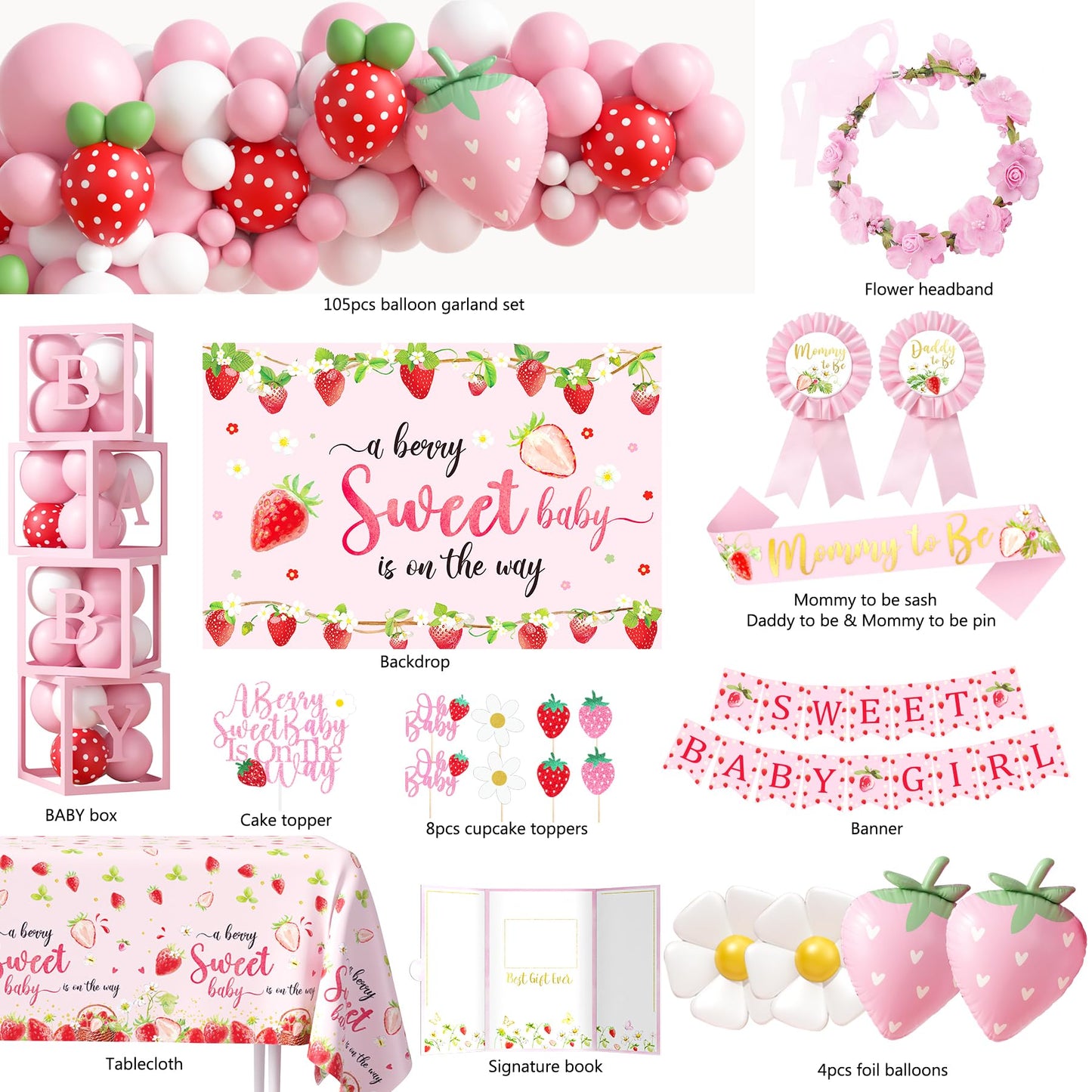 Strawberry Baby Shower Decorations, A Berry Sweet Baby Is On The Way Party Supplies, It's a Girl Gender Reveal, Backdrop Balloon Arch Box Mom to Be Sash Dad to Be Pin Tablecloths Cake Topper