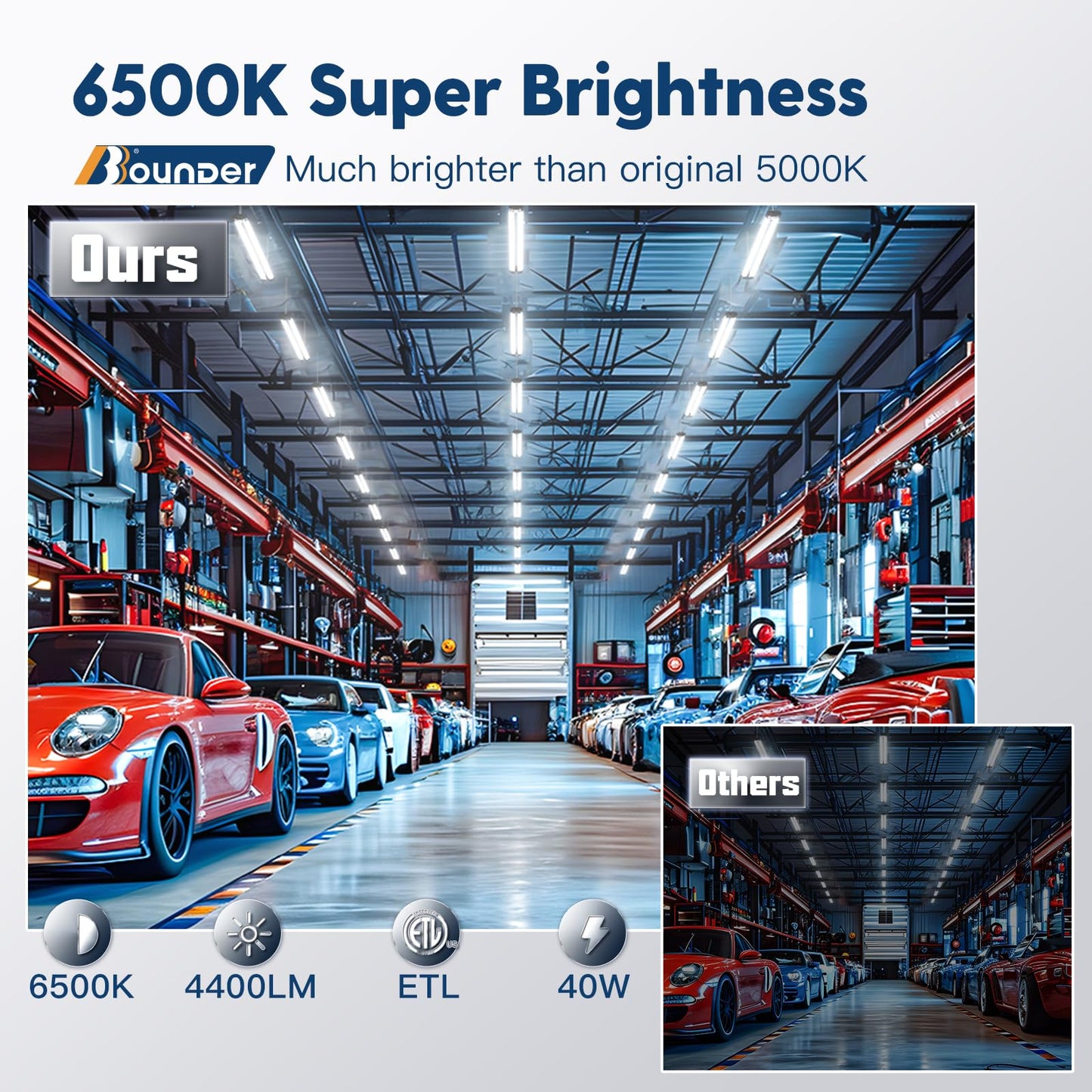 BBOUNDER 4 Pack Linkable LED Utility Shop Light, 4400 LM, Super Bright 6500K Cool Daylight, 4 FT Integrated Fixture for Garage, 40W Equivalent 250W, Surface + Suspension Mount, Black