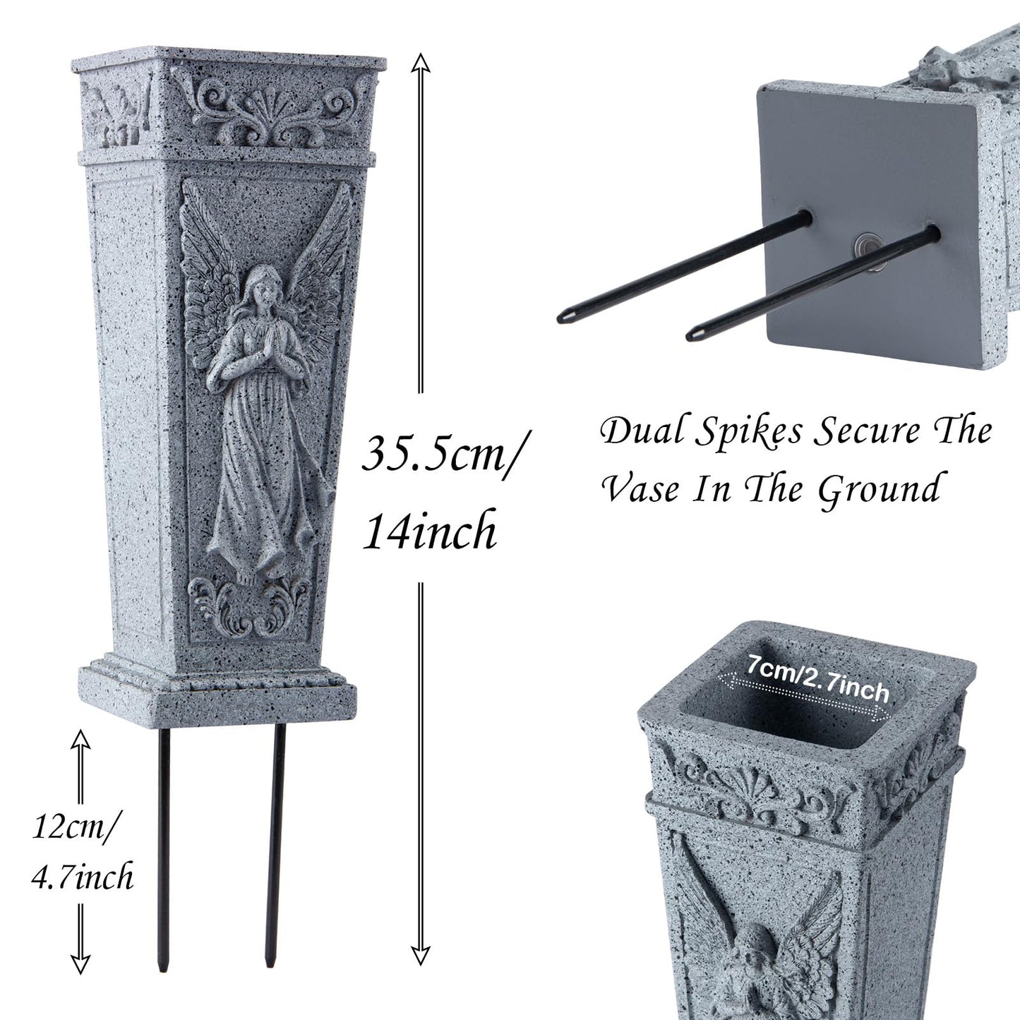 XONOR Cemetery Flowers Vase with Spike, Memorial Grave Vase Resin Flowers Holder for Headstone, Grave, Cemetery, Garden, Lawn, Yard Decorations (2PCS, Grey)