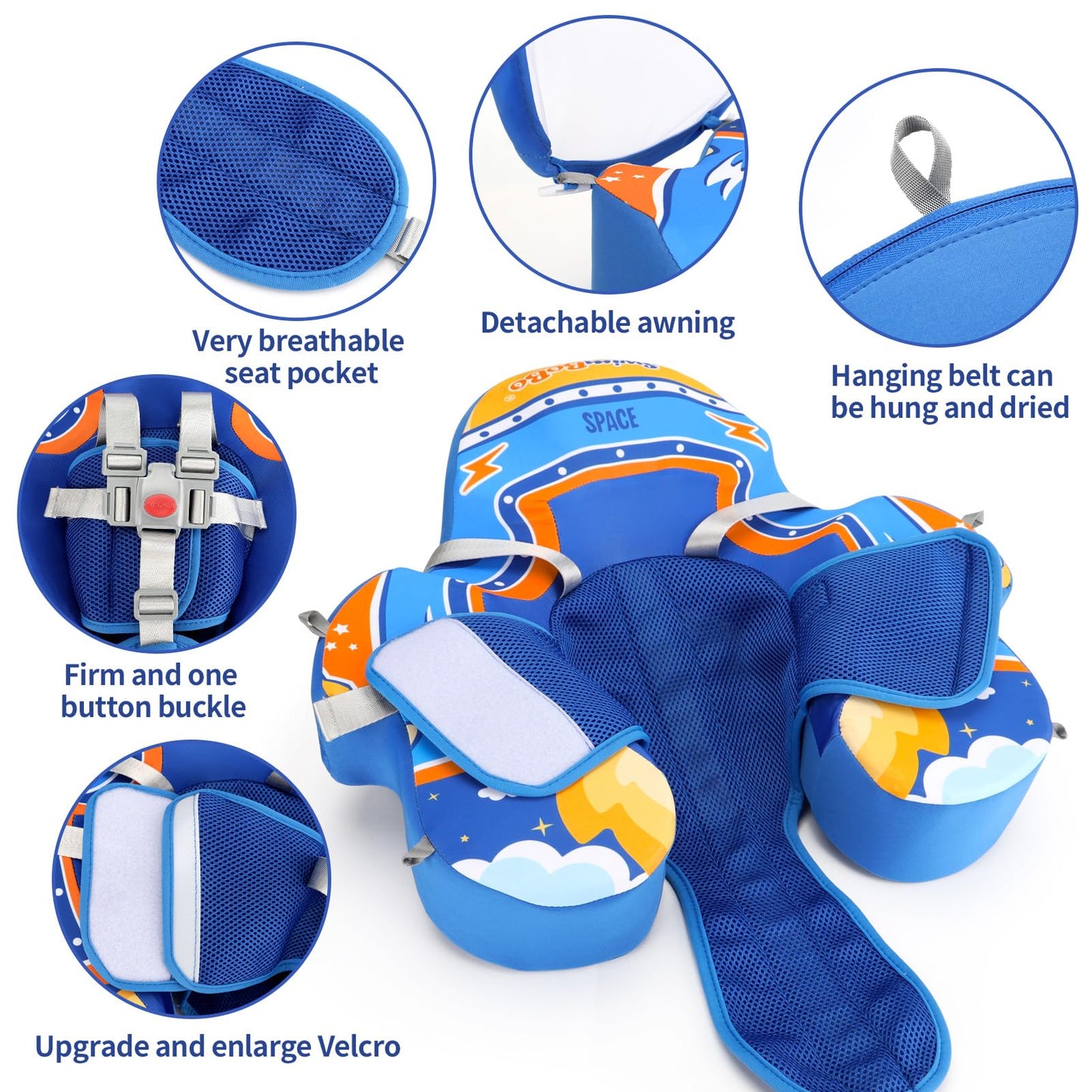 Swimbobo Baby Floats for Pool with Canopy Non Inflatable Soft Skin-Friendly Fabric Material Infant Swim Float for Boys and Girls Swimming Pool Toys (Blue Spaceship)