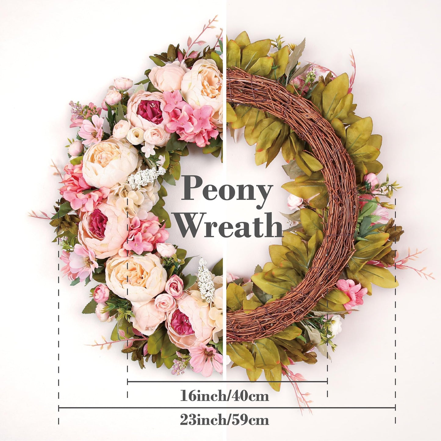 Peony Wreath 23'' Spring Wreaths for Front Door, Artificial Large Floral Wreath for Front Door Wall Decor, Valentine’s Day Home Wedding Housewarming Gift EZsenses (Light Pink)