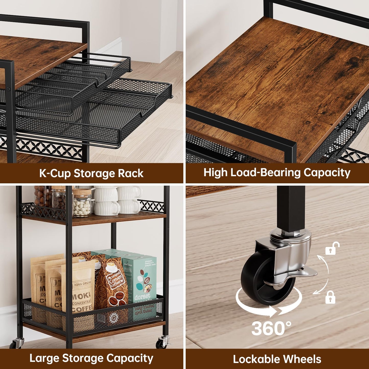 Plaviya K Cup Holder Rack, Coffee Station Organizer for Nespresso Vertuo and K Cup Capsules, Multi-Functional Bar Accessories Organizer With Wheels for Living Room, Kitchen