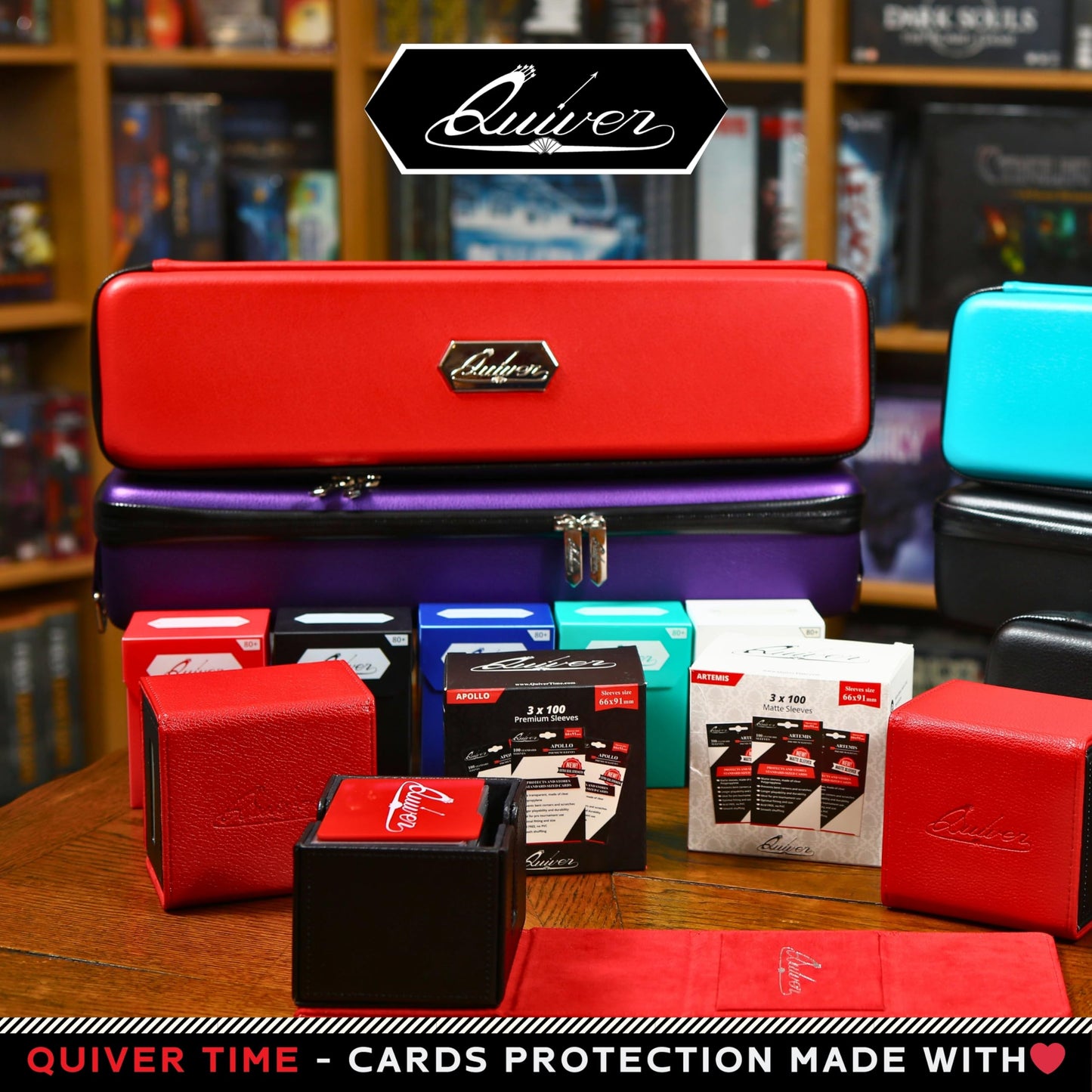 Quiver Time Black Quiver Card Carrying Case - TCG Cards Deck Box Holder for Trading Cards, MTG Bag Playing Card Case (+Wrist & Shoulder Strap, Dividers, Separators, Corner Pads + 100 Apollo Sleeves)