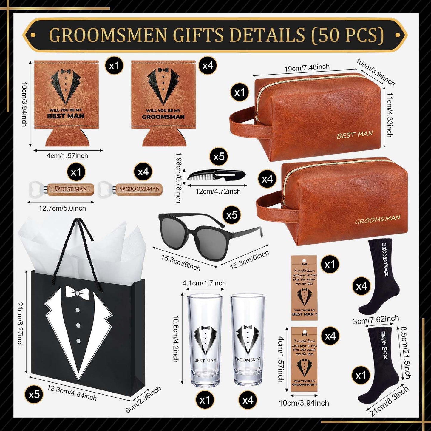 50Pcs Groomsmen Gifts Groomsmen Proposal Box with Shot Glasses Socks Sunglasses PU Leather Toiletry Bag Bottle Opener Can Cooler Groomsman Gifts for Wedding Groomsmen Best Man Gift (50, Brown)