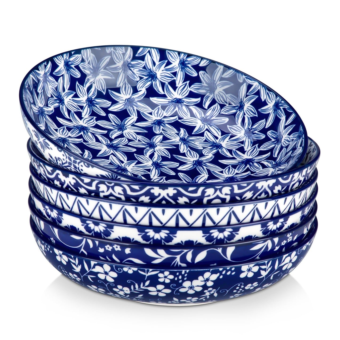 vancasso SELENE 50 oz Large Pasta Bowls Set of 6, Porcelain Serving Bowls, 9.5 Inch Wide Shallow Salad & Soup Bowls, Kitchen Pasta Plates, Microwave and Dishwasher Safe, Blue White Floral Design