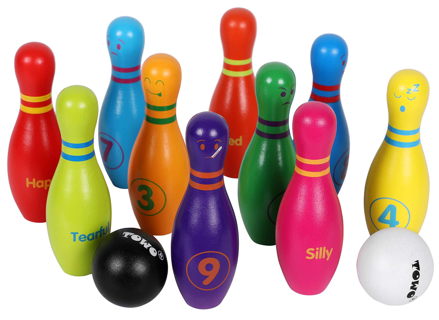 TOWO Wooden Skittles for Children - Wooden Skittle Set with Animal Faces and Numbers - 10 Pin Bowling Set for Kids - Wooden Toys for 2 Year Old
