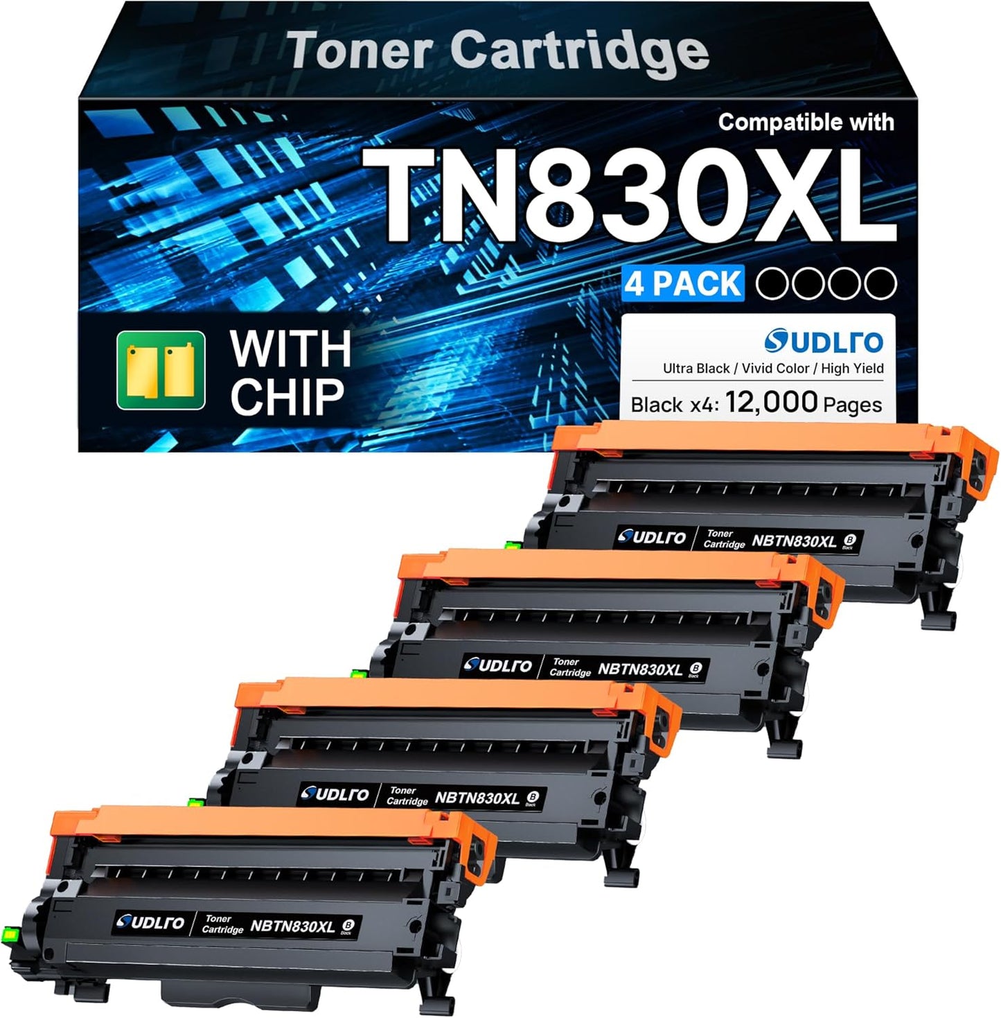 TN830XL Toner Cartridge - Compatible for Brother TN830XL Toner TN830 Toner 830XL to use with Brother HL-L2460DW DCP-L2640DW HL-L2480DW HL-L2400D HL-L2405W MFC-L2820DWXL MFC-L2820DW Printer (4 Black)