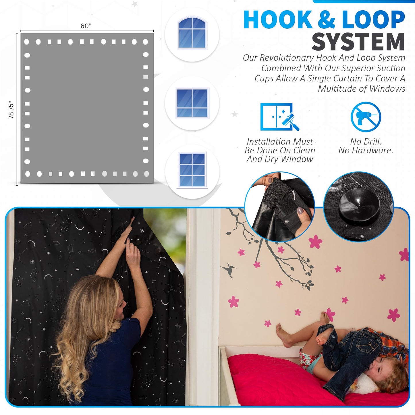 Portable Blackout Curtains (60" x 80") - Travel Blackout Curtains for Baby Nursery w/Stars - Portable Blackout Shades w/UV & Thermal Protection - 20 Stick on Suctions & Velcro Blackout Window Cover