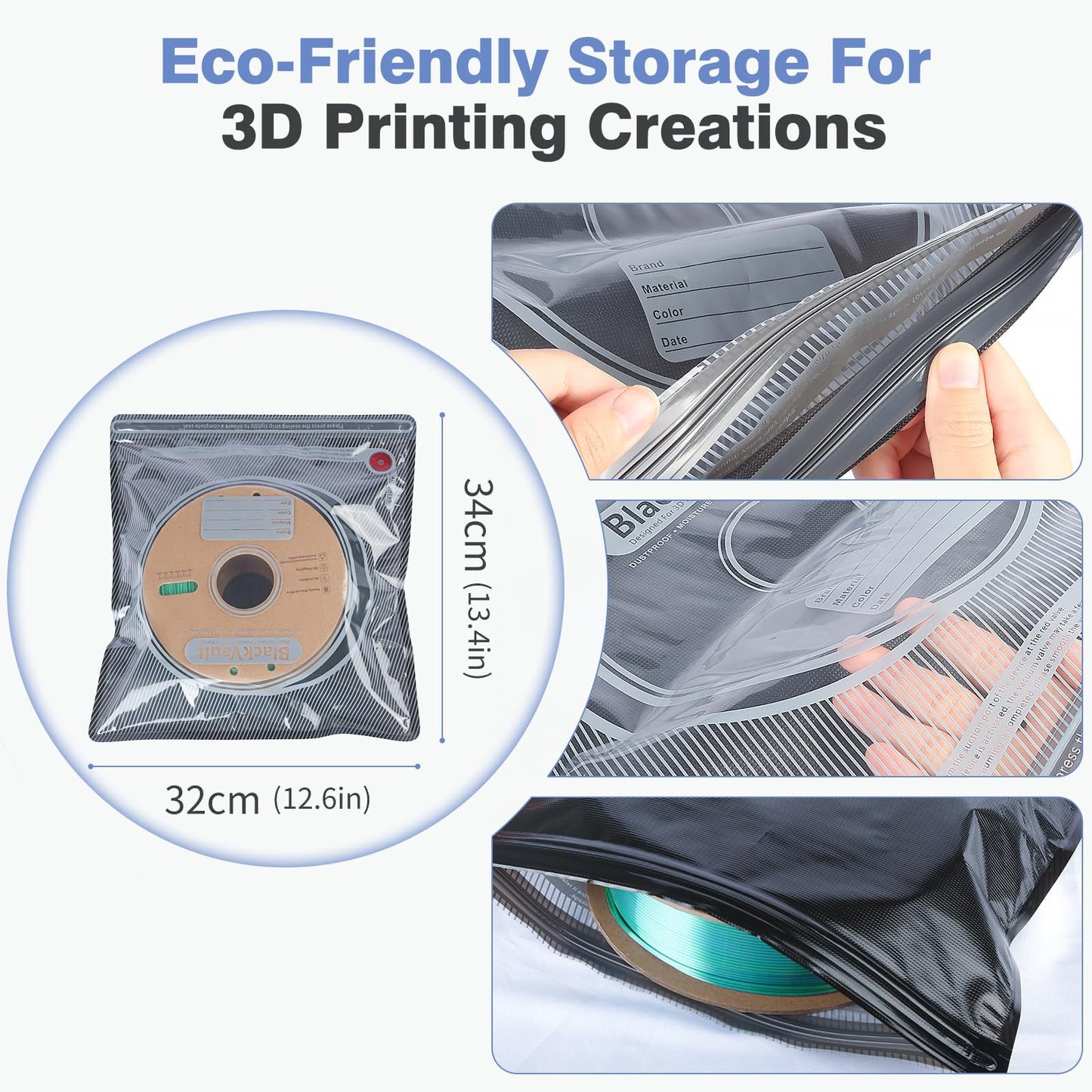 Vacbird 30pcs Filament Storage Bags Light-Proof Vacuum Storage Kit with USB Pump, 3D Printer Filament Vacuum Sealed Bags for Keeping Dry, Plus Size 32X34cm