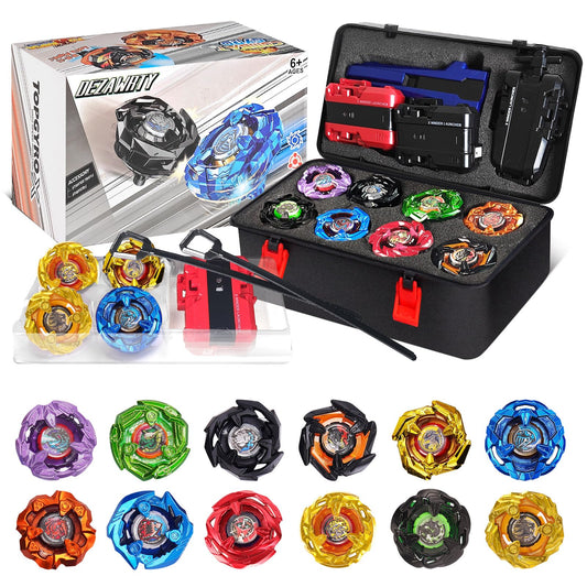 X Battling Set, 12 Spinning Tops, 3 Launchers and 1 Grip with Storage Box, Kids Toys Birthday Gift Ideal for 6+ Years Old Boys