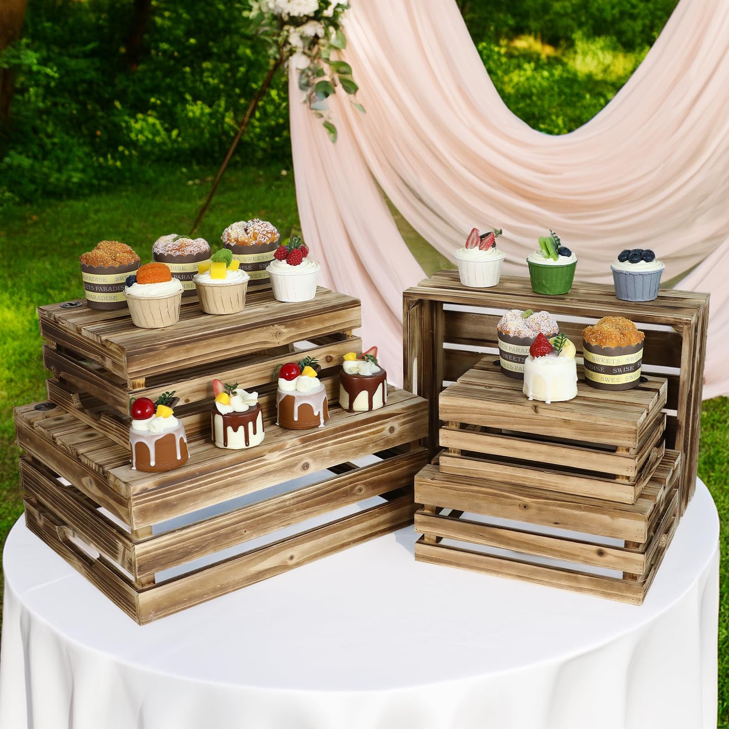 JUMBO HUMBLE Set of 5 Large Wooden Crates, Nesting Storage Crate with Handles, Rustic Torched Brown Farmhouse Wooden Crates for Display, Wedding Birthday Home Party Living Room Kitchen Decoration