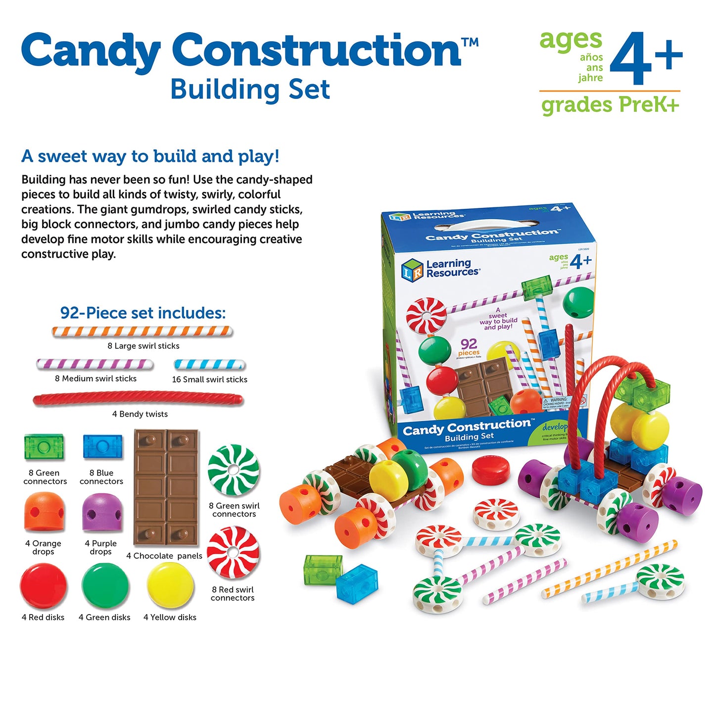 Learning Resources Candy Construction Building Set, Fine Motor Building Toy, 92 Pieces, Ages 4+, Multicolor