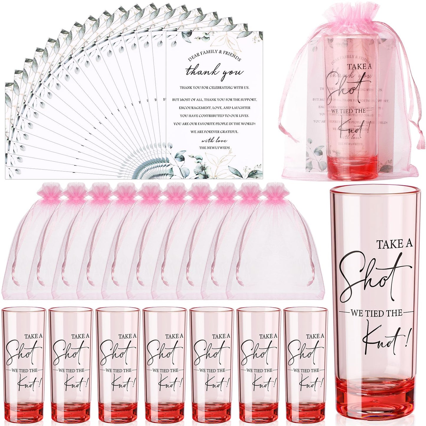 Sliner 50 Set Wedding Favors for Guests Bulk 2oz Acrylic Take a Shot We Tied the Knot Shot Glasses with Thank You Cards Organza Bags for Guest Souvenirs Wedding Newlyweds Bridal Shower Gifts (Pink)