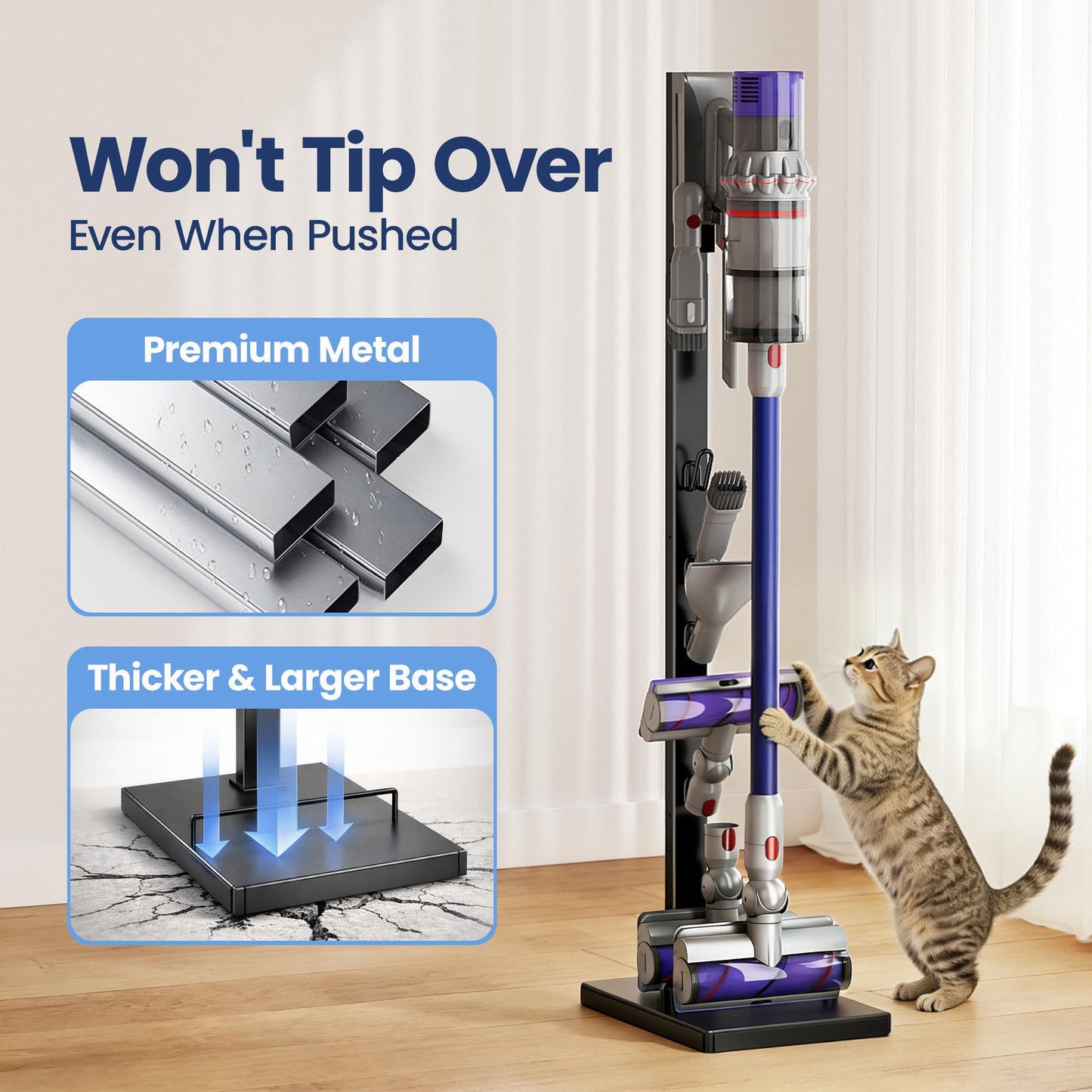 pickpiff Vacuum Cleaner Stand Compatible with Dyson V15, V12, V11, V10, V8, V7, V6 & G5 – Freestanding Holder with Accessory Storage, No Drilling Required, Easy Installation