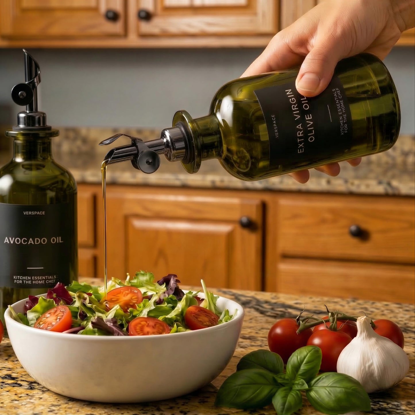 Verspace UV-Protected Green Glass Olive Oil Dispenser Bottles For Kitchen - 2 Pack - 17oz Includes 40 Kitchen Essential Labels, Avocado Oil Dispenser Set, Modern Decor for Home, Airbnb, Cafe