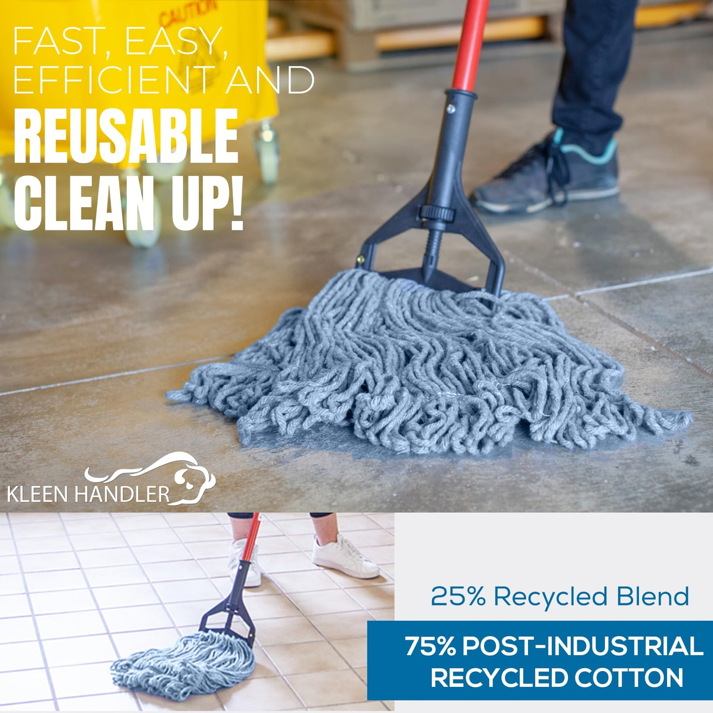KLEEN HANDLER HEAVY DUTY Commercial Mop Head Replacement, Wet Industrial Blue Cotton Looped End String Cleaning Mop Head Refill (Pack of 6)