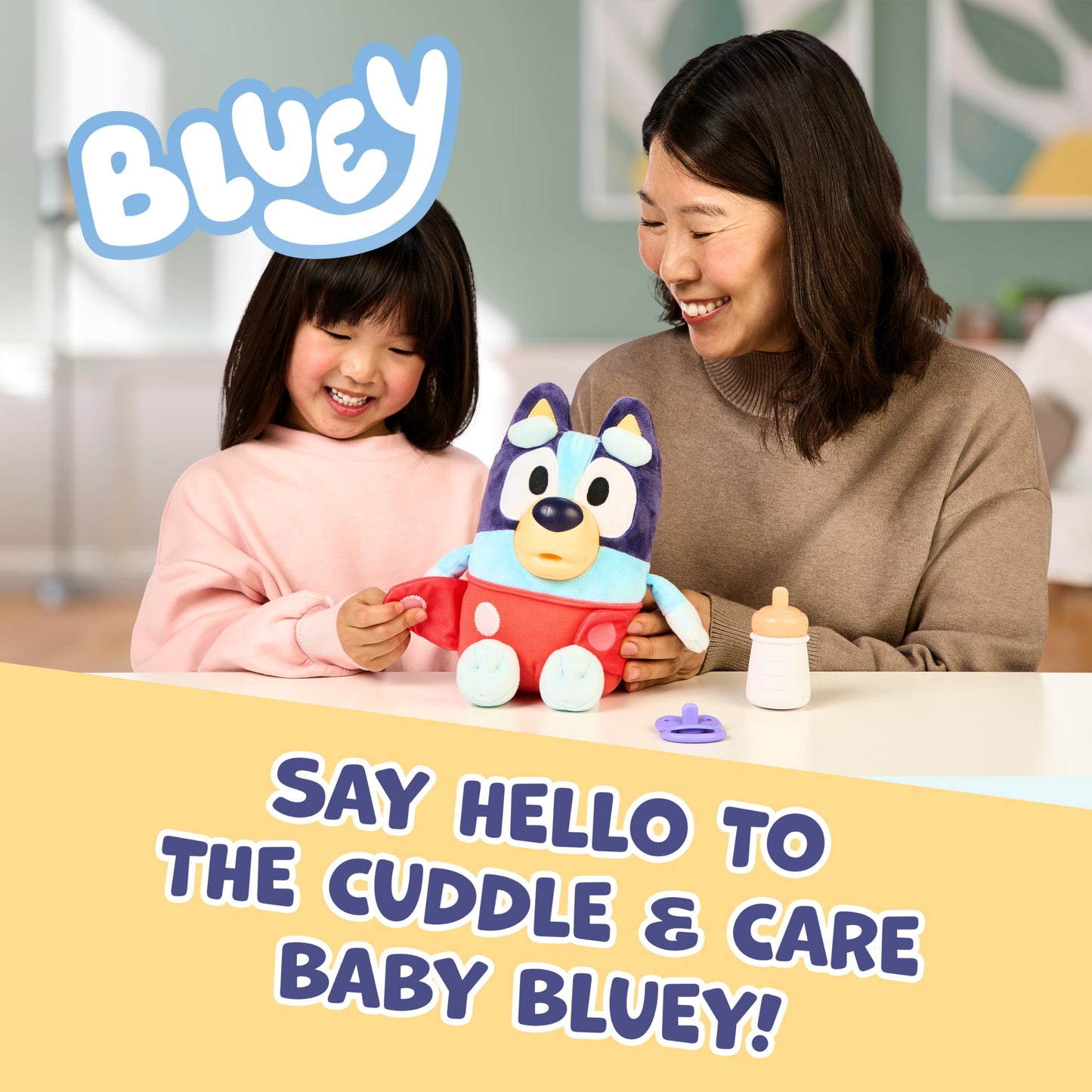 Bluey Baby Pampering & Caring, Feeding & Soothing Baby, 28cm Electronic Plush Toy with 10 Different Baby Sounds, 2 Accessories and Removable Diaper