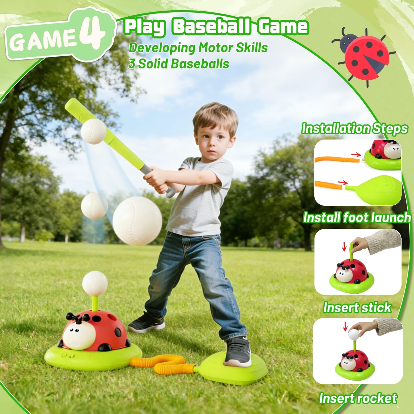 5 in 1 Musical Jump, Bean Bag Toss Ring Set, Baseball Toys and Rocket Launcher for Kids, Remote Control Indoor Outdoor Sports Toys for Kids 4-8