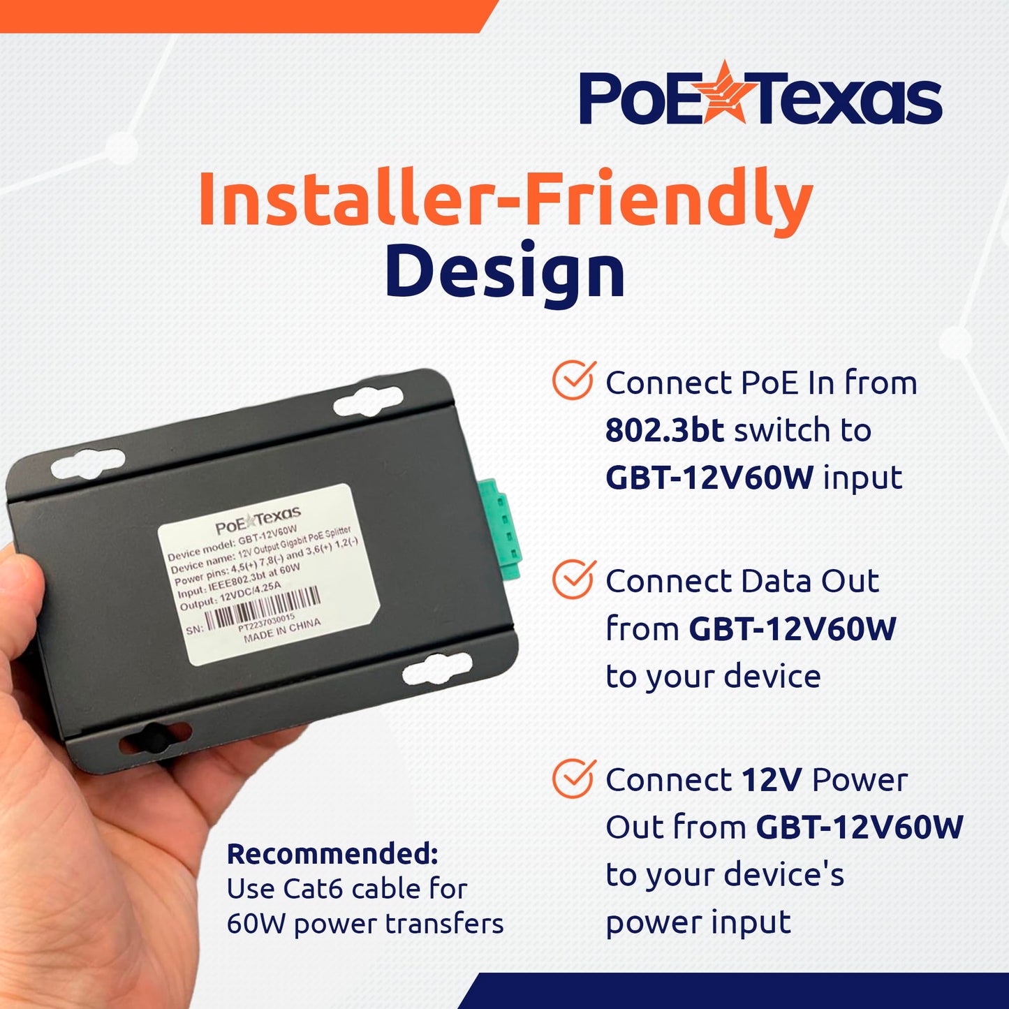 PoE Texas 802.3bt PoE++ to 12V Splitter with 60W Output - Works with Cisco UPOE & 802.3bt Switches - Gigabit Data Splitter with Phoenix Connector for Tablet Computers, Wireless APs, Network Cameras