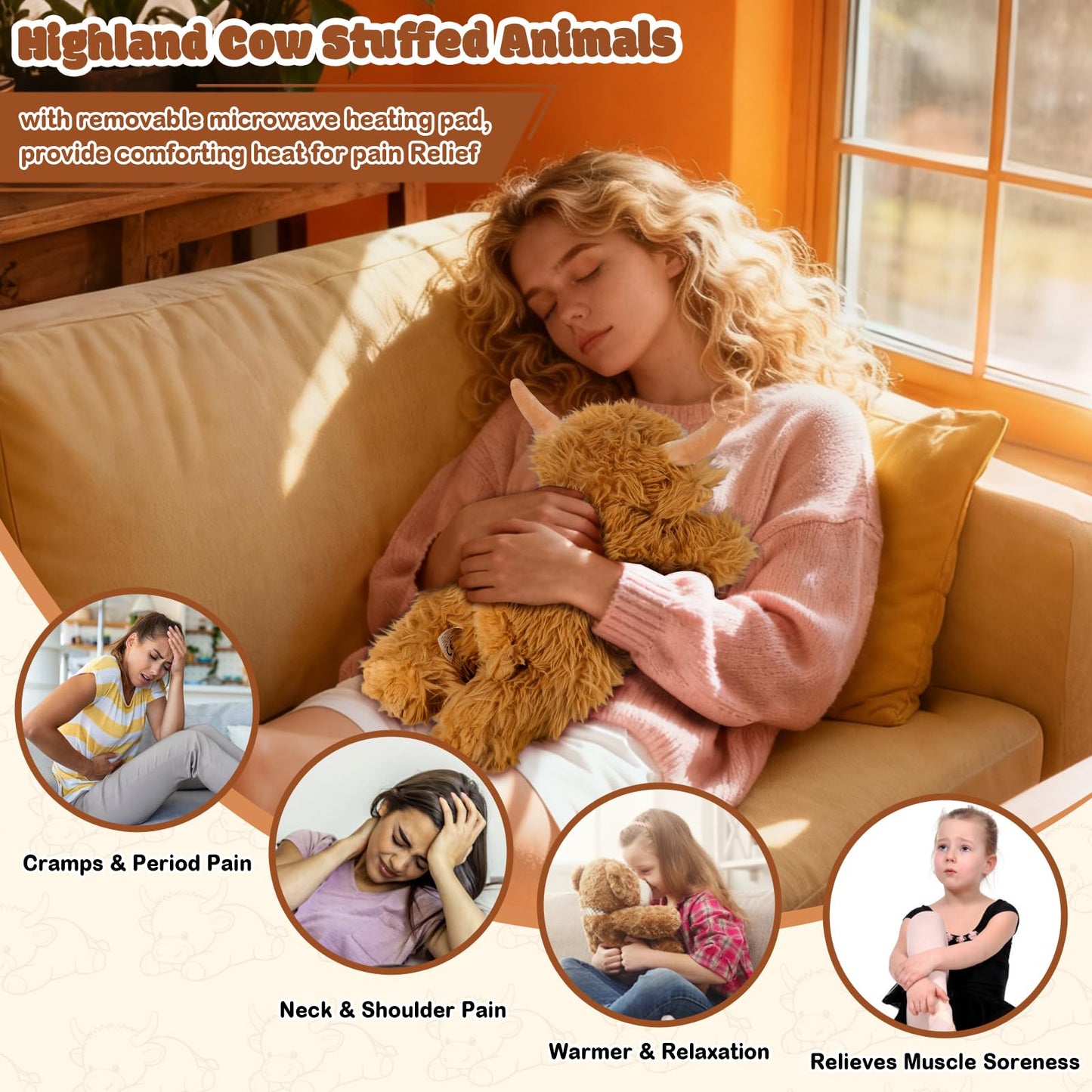 JILPAK Highland Cow Stuffed Animals, Weighted Stuffed Animals with Removable Microwave Heating Pad for Period Cramps