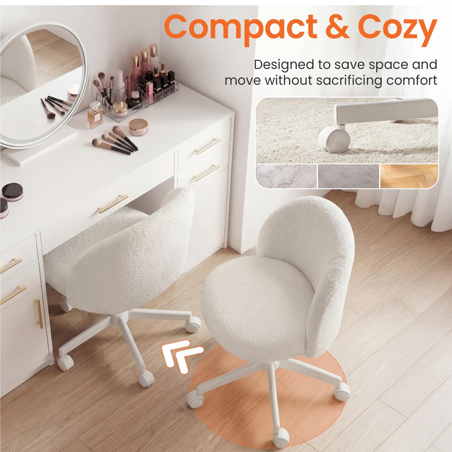NEO CHAIR Office Vanity Chair with Wheels Comfy Desk Chair for Girls Cute Computer Small Armless Adjustable Height Swivel for Home Bedroom Task (White)