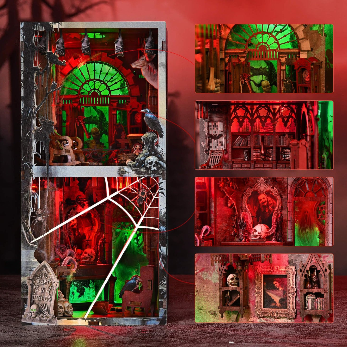 fifijoy Haunted House Halloween Book Nook Kit, Spooky Shelf Insert Bookshelf Diorama Horror Art Miniature Decor, Creepy Scary Wooden Puzzle Booknook (Haunted Mansion)