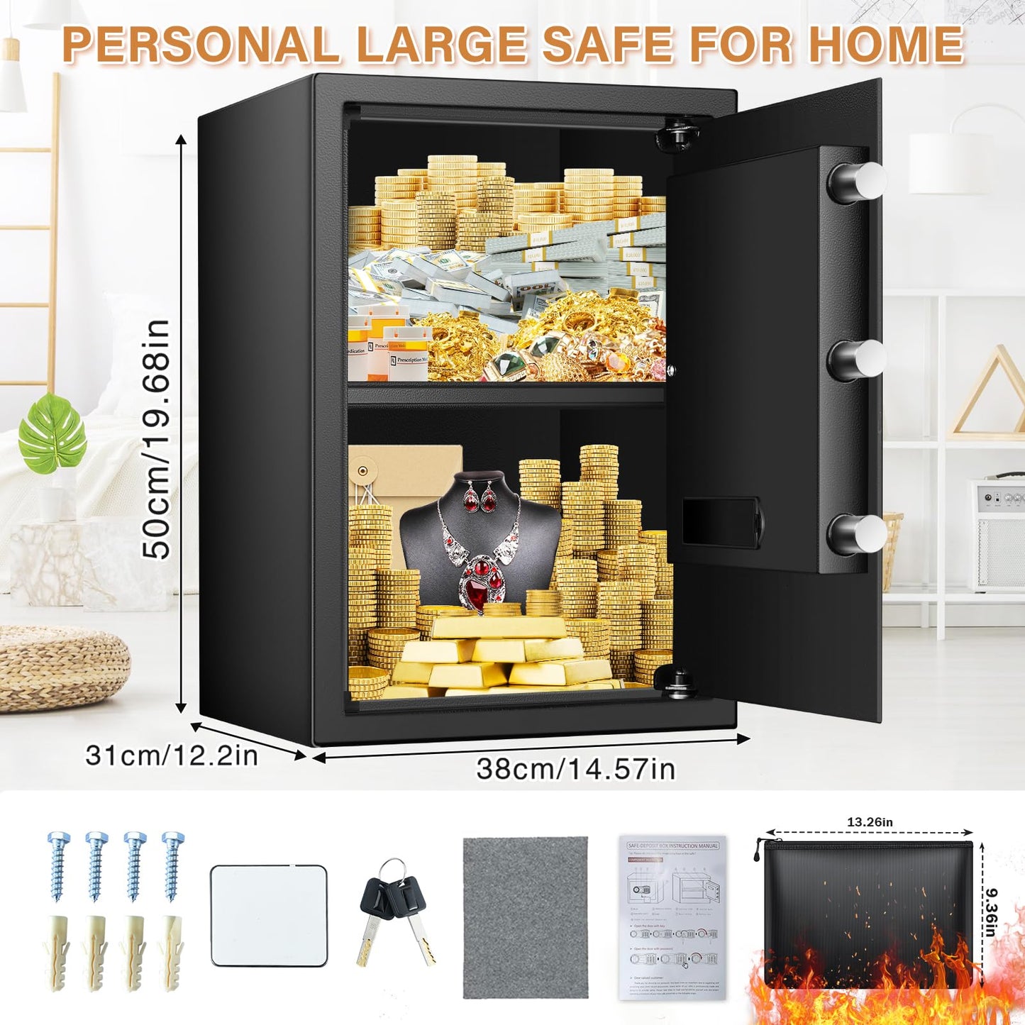 3.3 Cub Home Safe Fireproof Waterproof, Large Fire proof Safe Box with Fireproof Bag, Digital Keypad Key and Removable Shelf, Personal Security Safes for Home Money Jewellery Documents Valuables