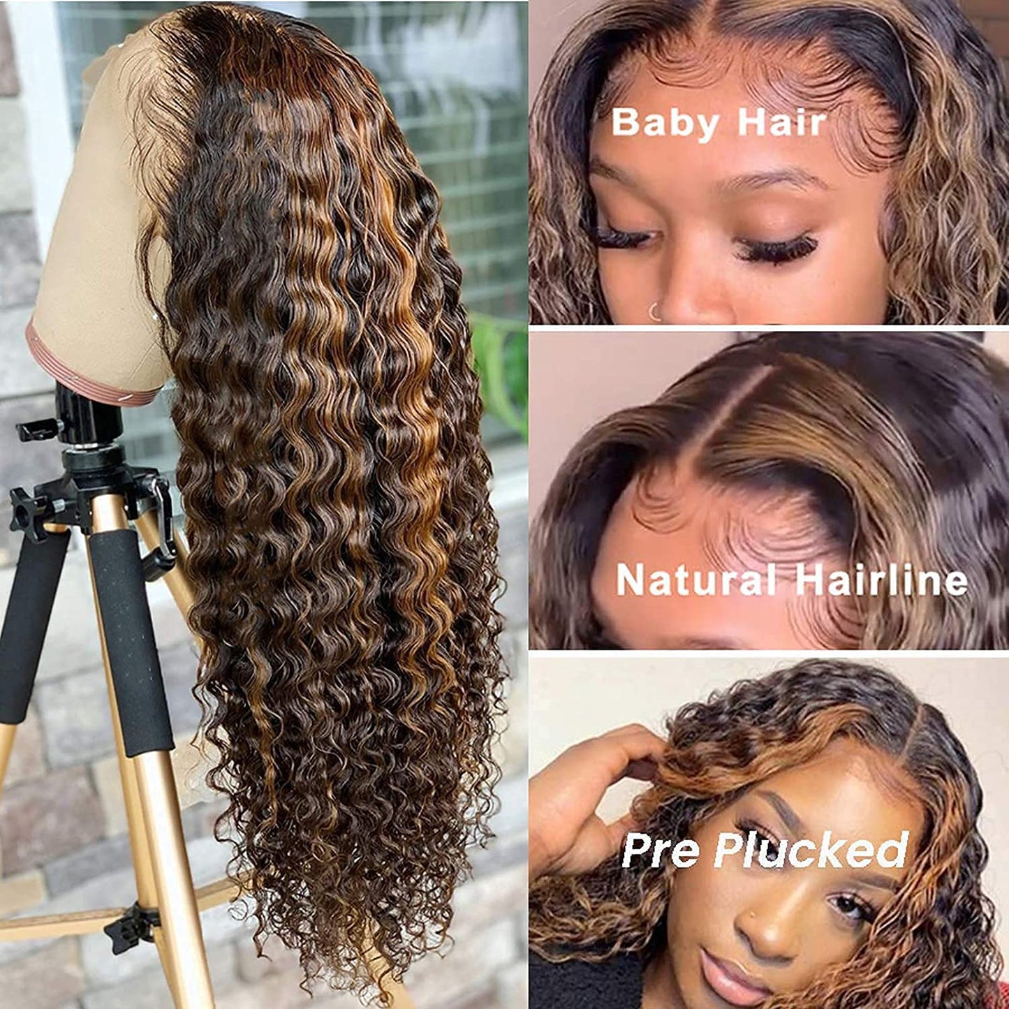 BLY Highlight Human Hair Lace Front Wigs Deep Wave #4/27 Ombre Colored Glueless Wigs Pre Plucked 16 Inch 4x4 Transparent Curly Water Wave Lace Wig Honey Blonde Real Human Hair 180% Density