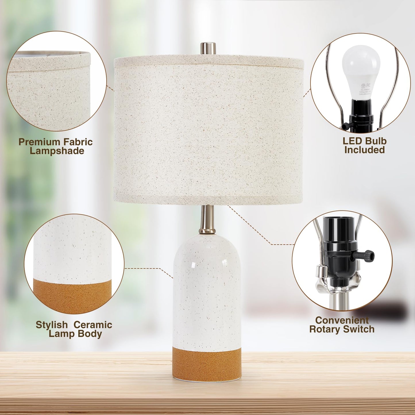 GyroVu Small Table Lamps Set of 2, Bedside Lamp for Bedroom, 21.5" Nightstand Ceramic Desk Lamp for Kids Room, Living Room, Dorm, Reading, Home Office, Bulbs Included