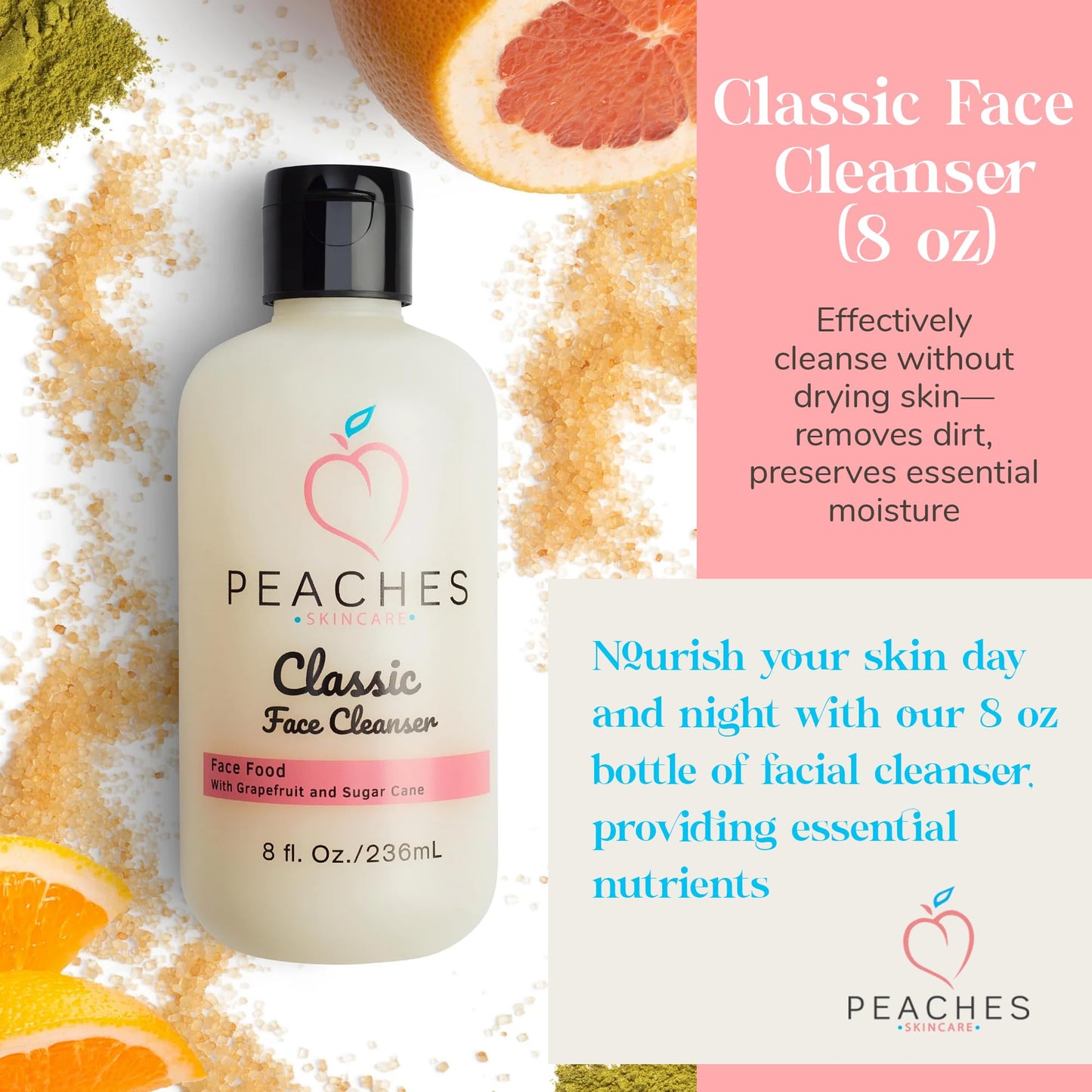 Face Cleanser (8 oz) - Hydrating Facial Cleanser with Grape Fruit, Sugar Cane, Gotu Kola - Lightly Exfoliating Facial Cleanser for Women and Men - Vegan Cleanser for All Skin Types - Classic Cleanser