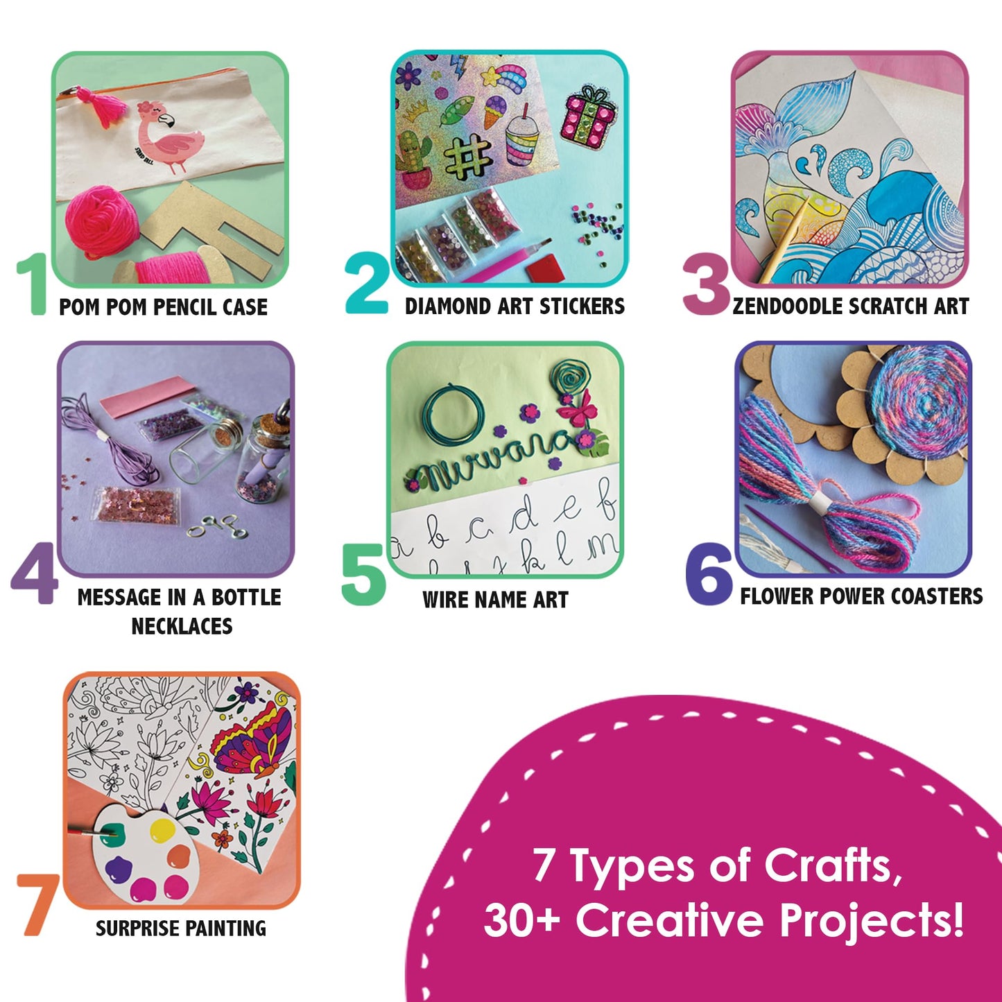 Chalk and Chuckles 7 Days of Art and Craft Kit for Kids 9-12, 30 DIY Activities-Diamond Art Stickers, Painting, Scratch Art and More, Perfect Gifts for Girls, Boys 8 Years and Up