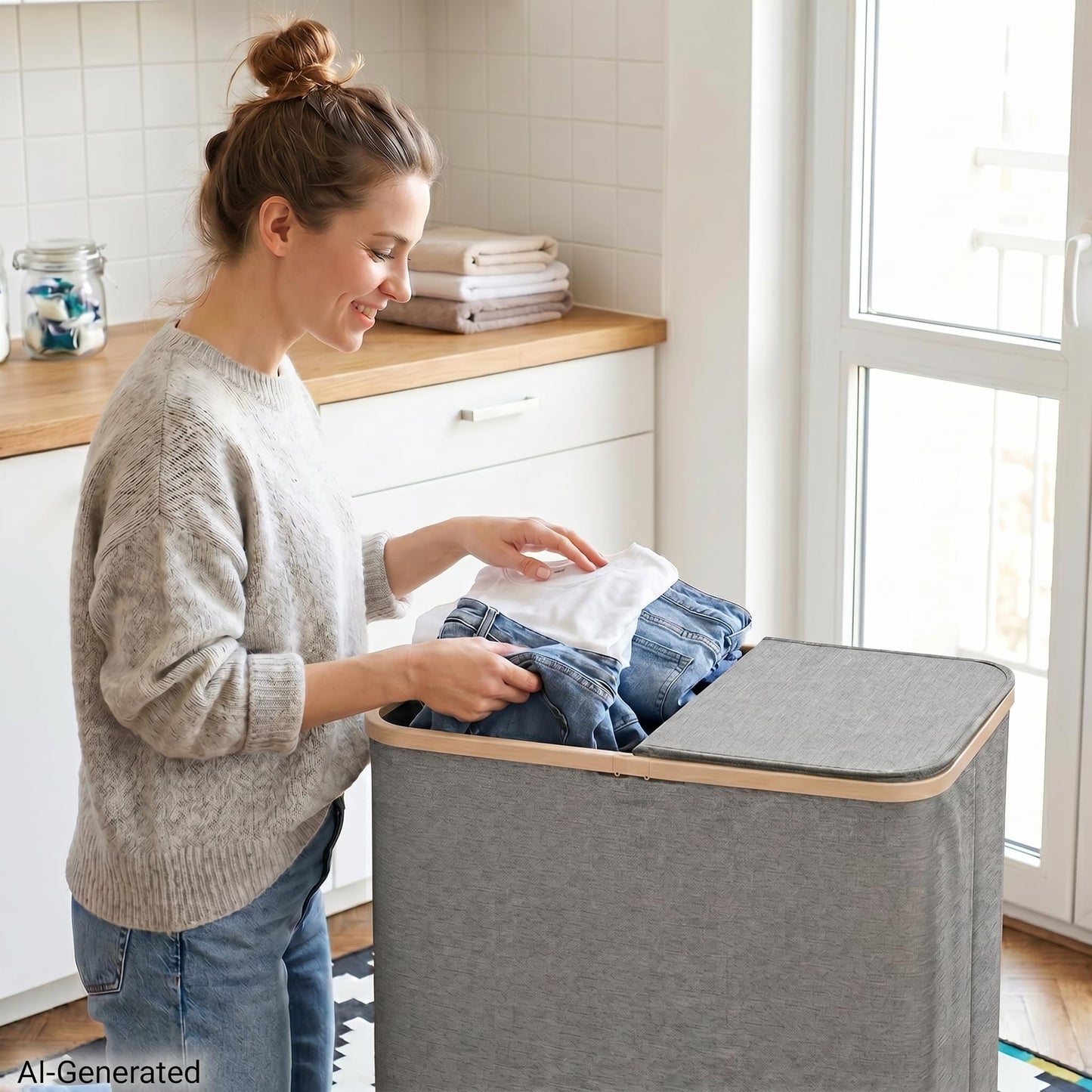 DOKEHOM 160L Extra Large Laundry Hamper with Lid, 2-Section Double Laundry Basket with Removable Mesh Liner Bags, Collapsible Clothes Sorter for Family, Bedroom, Laundry Room, Dark Grey