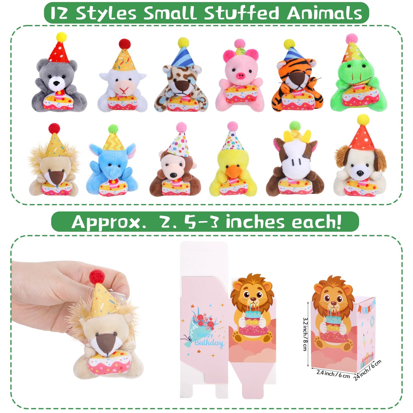 MOVING EARS 24 Pack Birthday Gifts Small Stuffed Animals Assorted Card Boxes Mini Animal Toys Keychains Bulk for Classroom Exchange Party Favor School Teacher Student