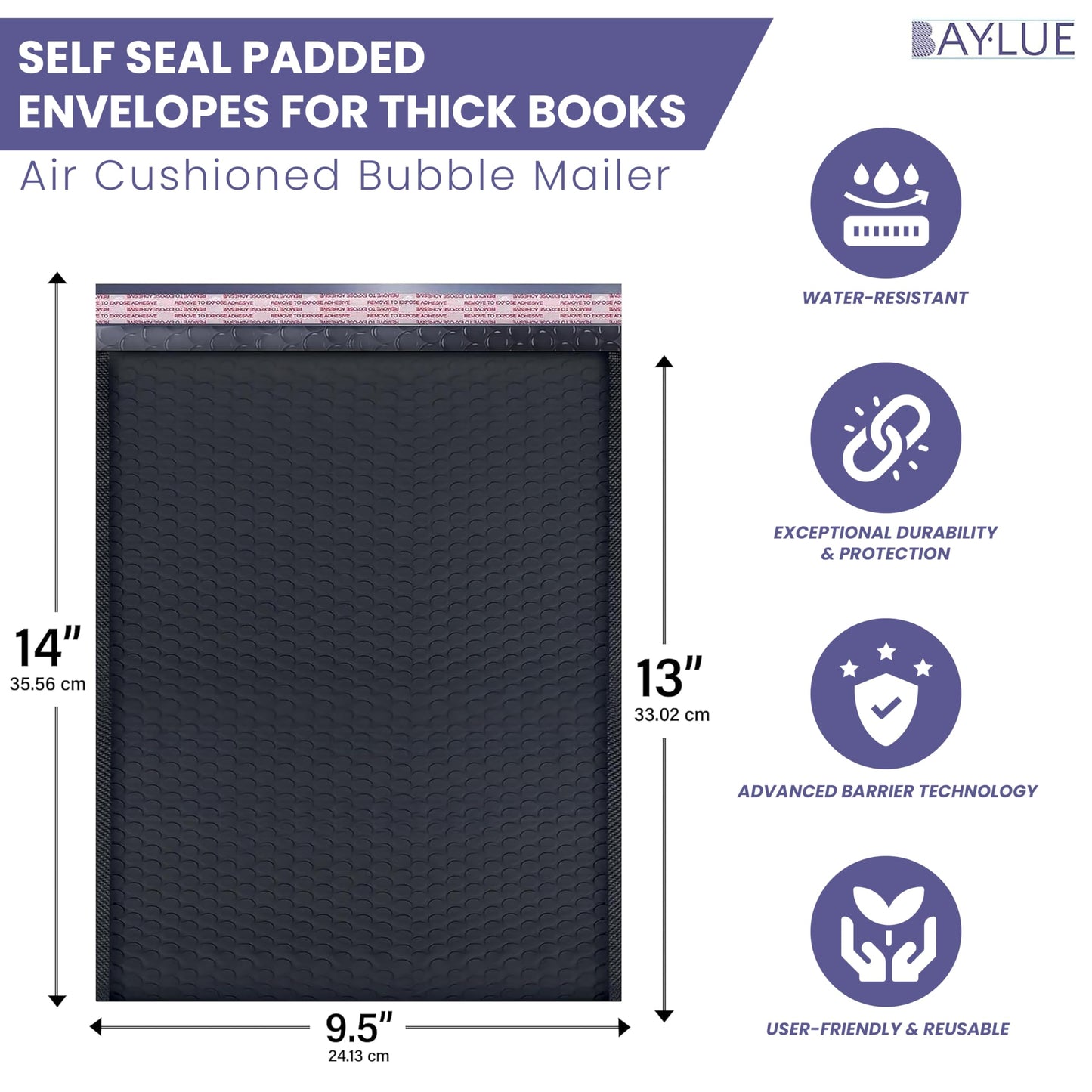 Black 10x13 Inch Poly Bubble Mailers |Self Seal Padded Envelopes for Thick books | Air Cushioned Bubble Mailer | Usable Size 9.5x13 Inch | Waterproof Lightweight Mailing Shipping Bags | 100 Pack Bulk